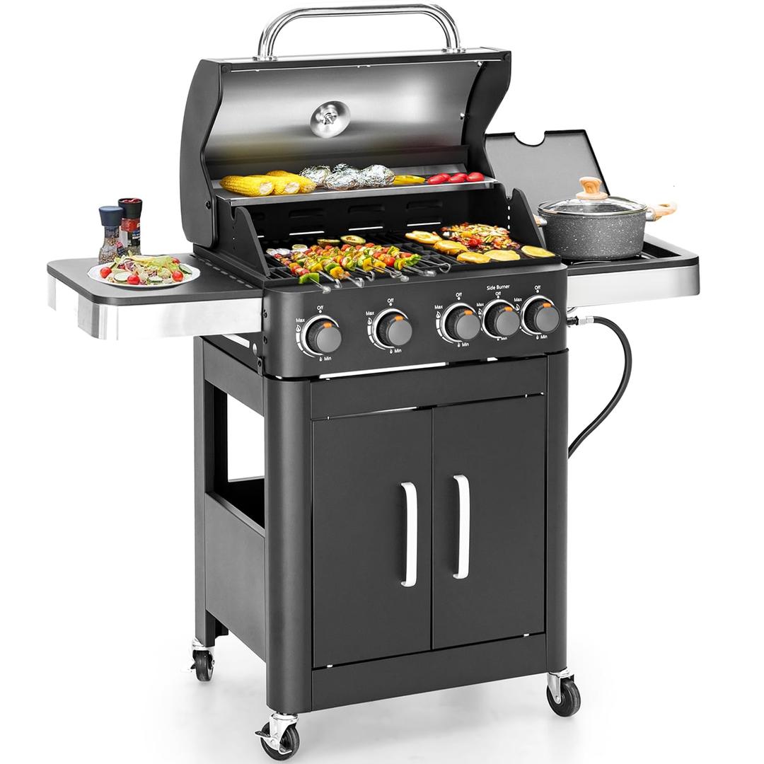 2 in 1 Propane Gas BBQ Grill with Side Burner & Porcelain-Enameled Cast Iron Grate, 4-Burner Flat Top Grill, 46,700 BTU Barbecue Grill, Outdoor Propane Griddle Grill Combo for Camping, Patio, Backyard