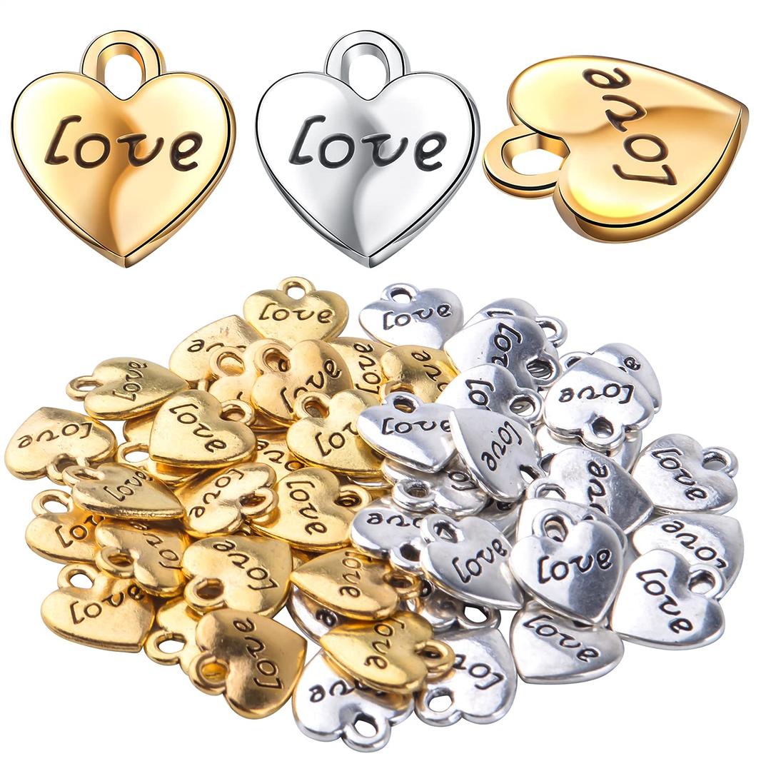 50pcs Heart Shape Charms Love Charms Heart Love Pendants Charms Heart Bead Charm for Jewelry Crafts Making DIY Earrings Necklace Bracelet, Gold and Silver