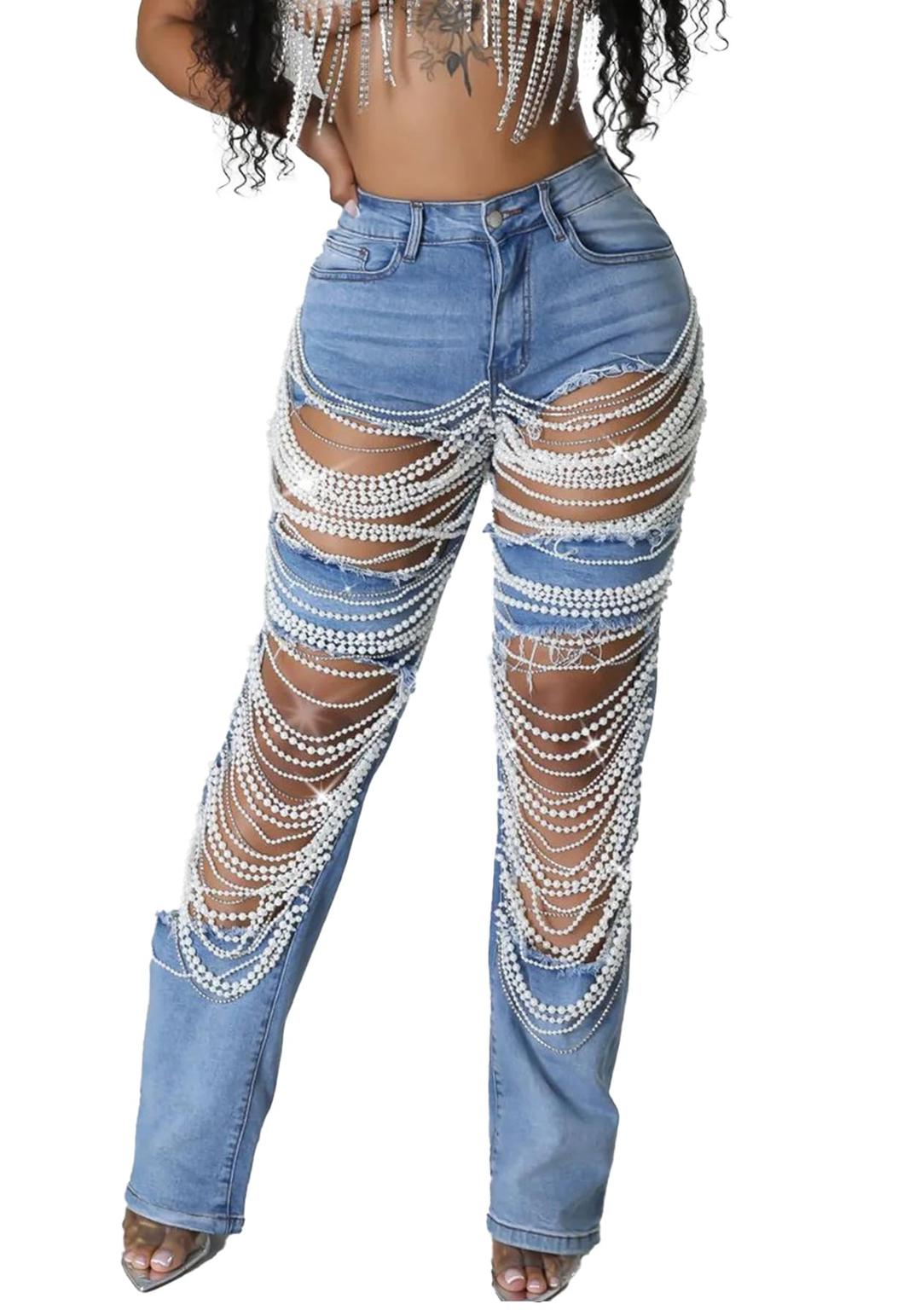 LETSVDOWomen's Sexy Ripped Jeans High Waist Distressed Rhinestone Pearl Chains Stretch Denim Pants Clubwear