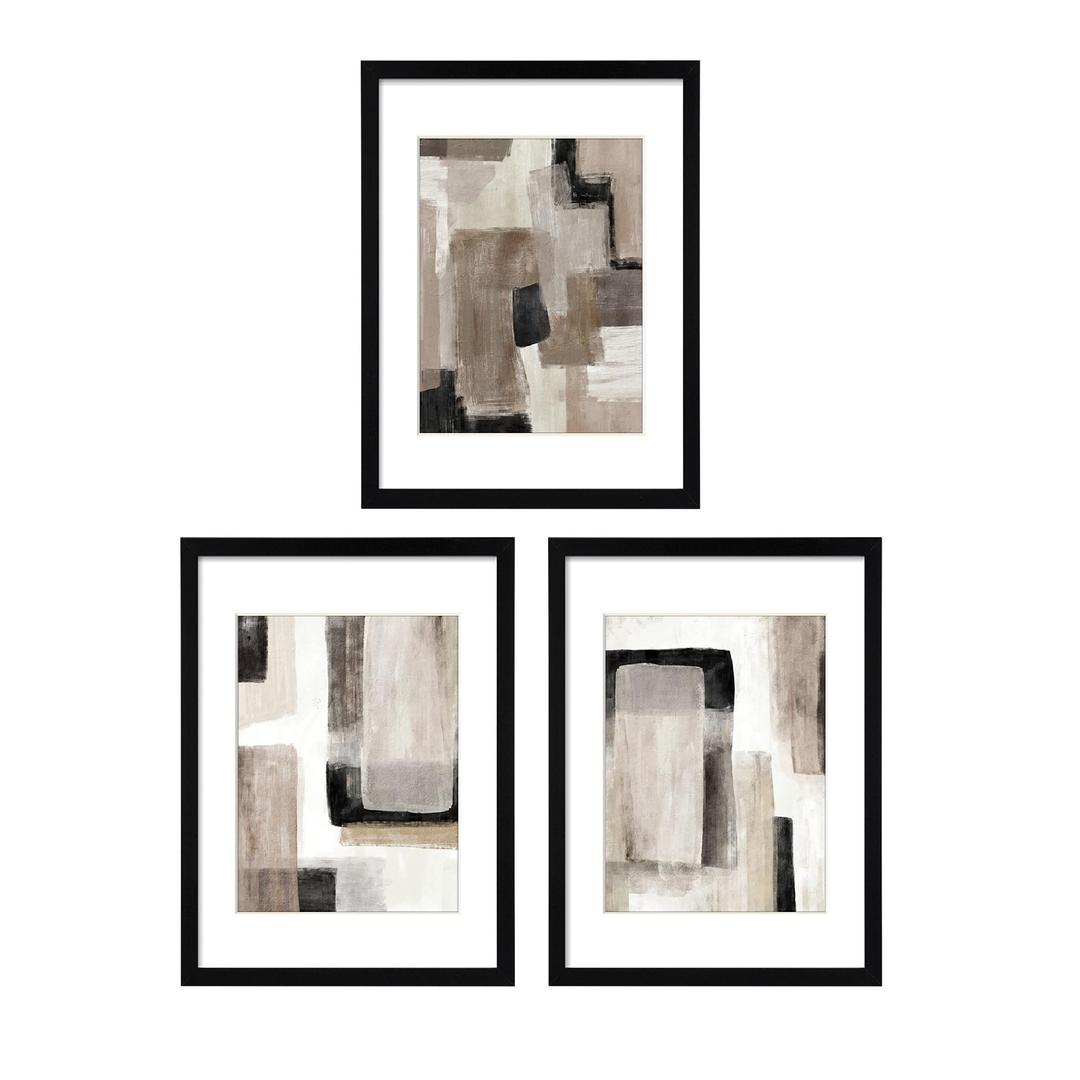 ArtbyHannah 11x14 Inch Black Framed Abstract Wall Art Set of 3 with Brown Black Tan Blocks for Wall Decor, Extra Art Prints of Botanical Included