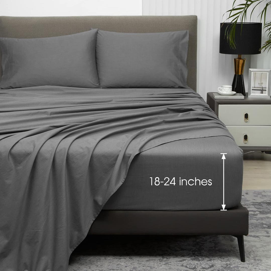 HYPREST Extra Deep Pocket Queen Sheet Sets Fits 18"-24" in Deep Mattress -100% Cotton Queen Sheet Set,Grey Hotel Luxury Soft Wrinkle Free Cooling Sheet Sets for Queen Bed Deep Pocket