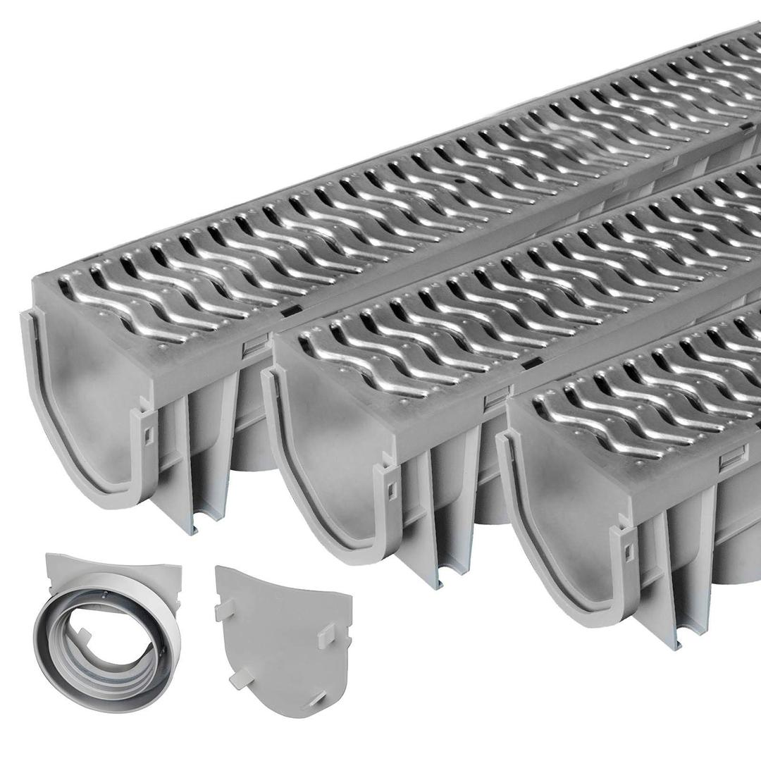 Trench & Driveway Channel Drain with Galvanized Steel Grate - 3 Pack