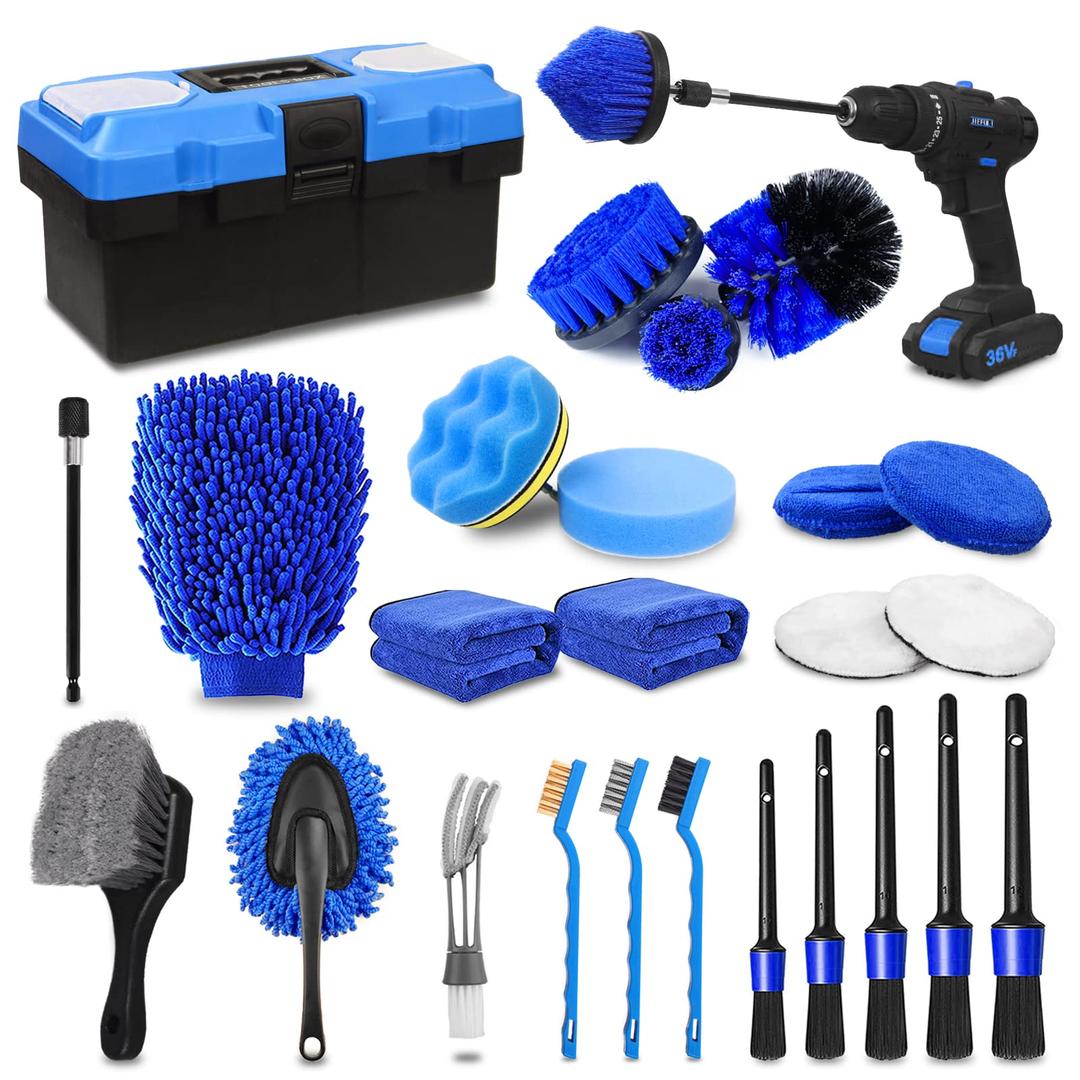 27Pcs Car Detailing Kit, Car Detailing Brush Set, Auto Detailing Drill Brush Set, Car Detailing Brushes, Car Wash Kit, Car Accessories, Car Cleaning Tools Kit for Interior, Exterior, Wheels