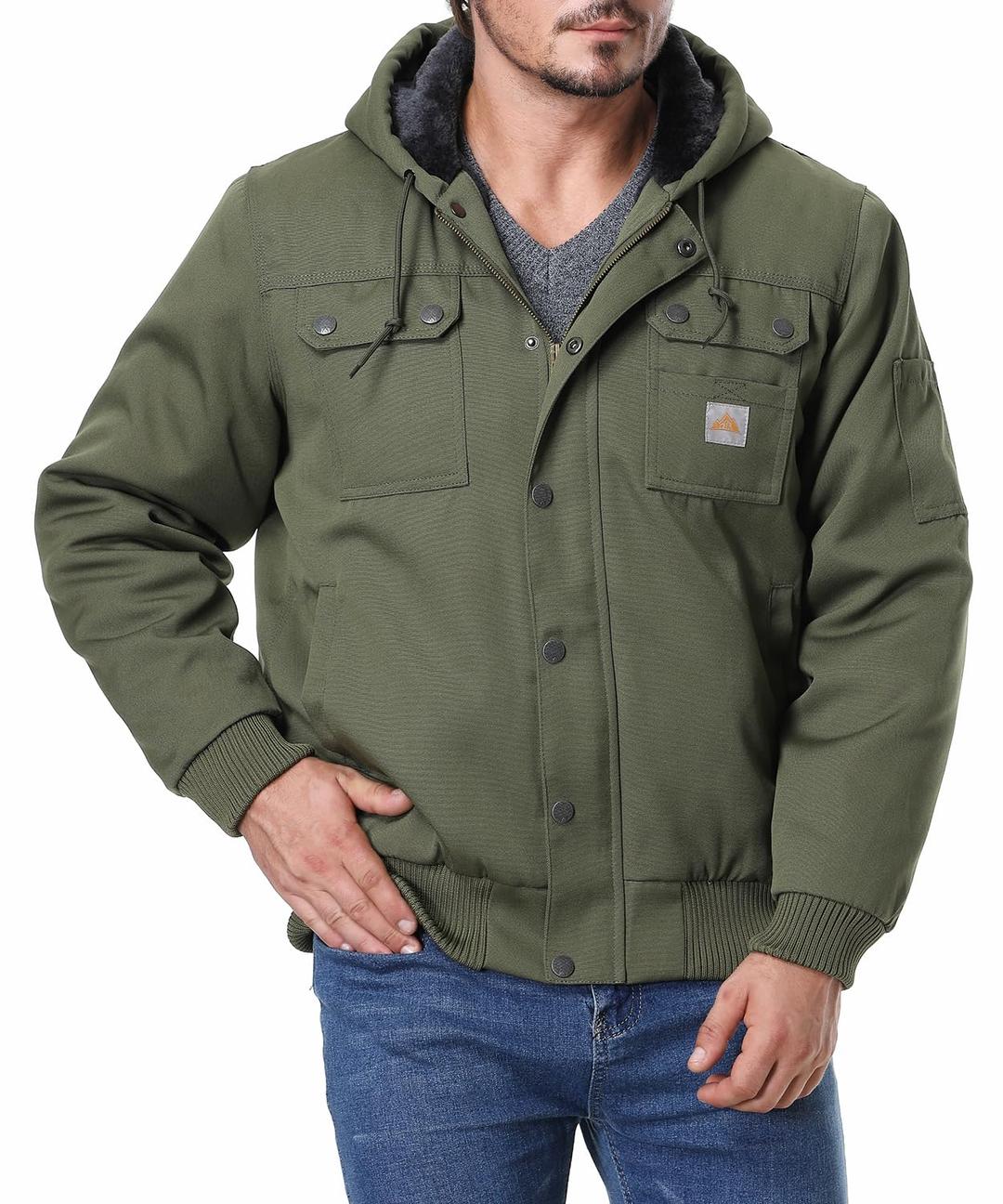 Men's Fit Relaxed Work Coat Fleece Lined Waterproof Workwear Winter Hooded Jacket with Multiple Pockets