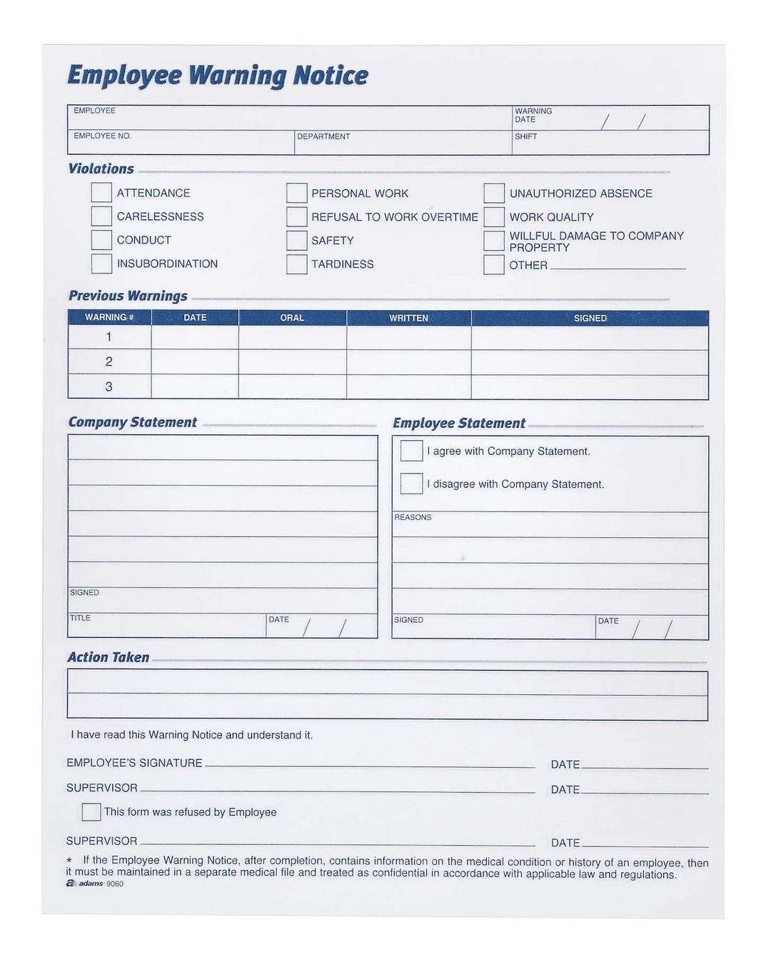 Adams Employee Warning Notice Form, 8.5 x 11 Inches, 2 Pads of 50 Forms, 100 Total forms, 1-Part Each (9060) , White