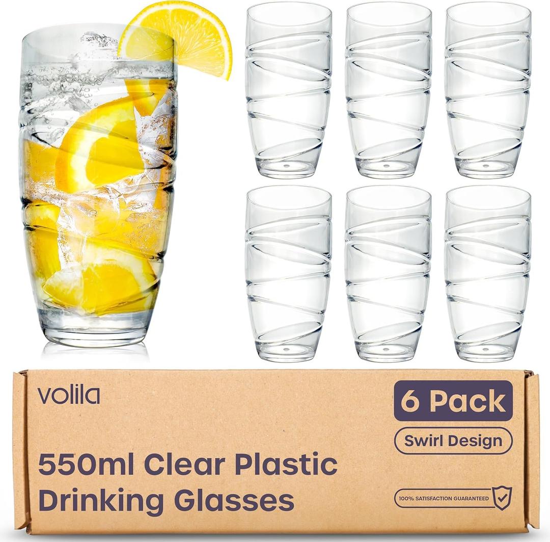 volila Plastic Drinking Glasses - 6 Pack Acrylic Glasses Plastic Tumbler - Reusable and Shatterproof Plastic Picnic Glass Stackable for Daily Use, Parties and Picnic (6 Pack - Clear)