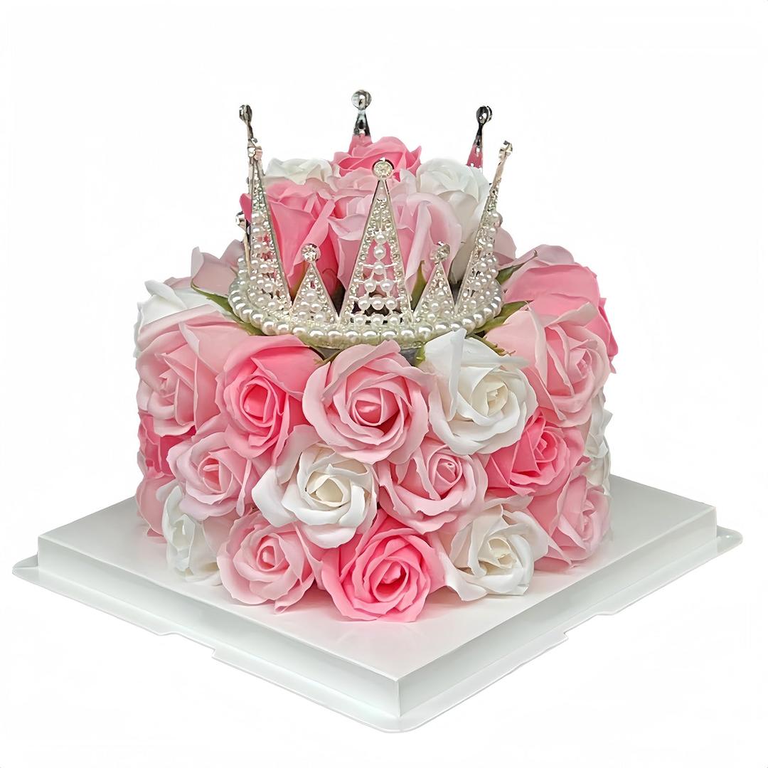 EIGHTOWN Forever Cake with Pink Preserved Flowers - Bouquet Preserved Roses for Women - Birthday Gift for Her with Crown (Pink)