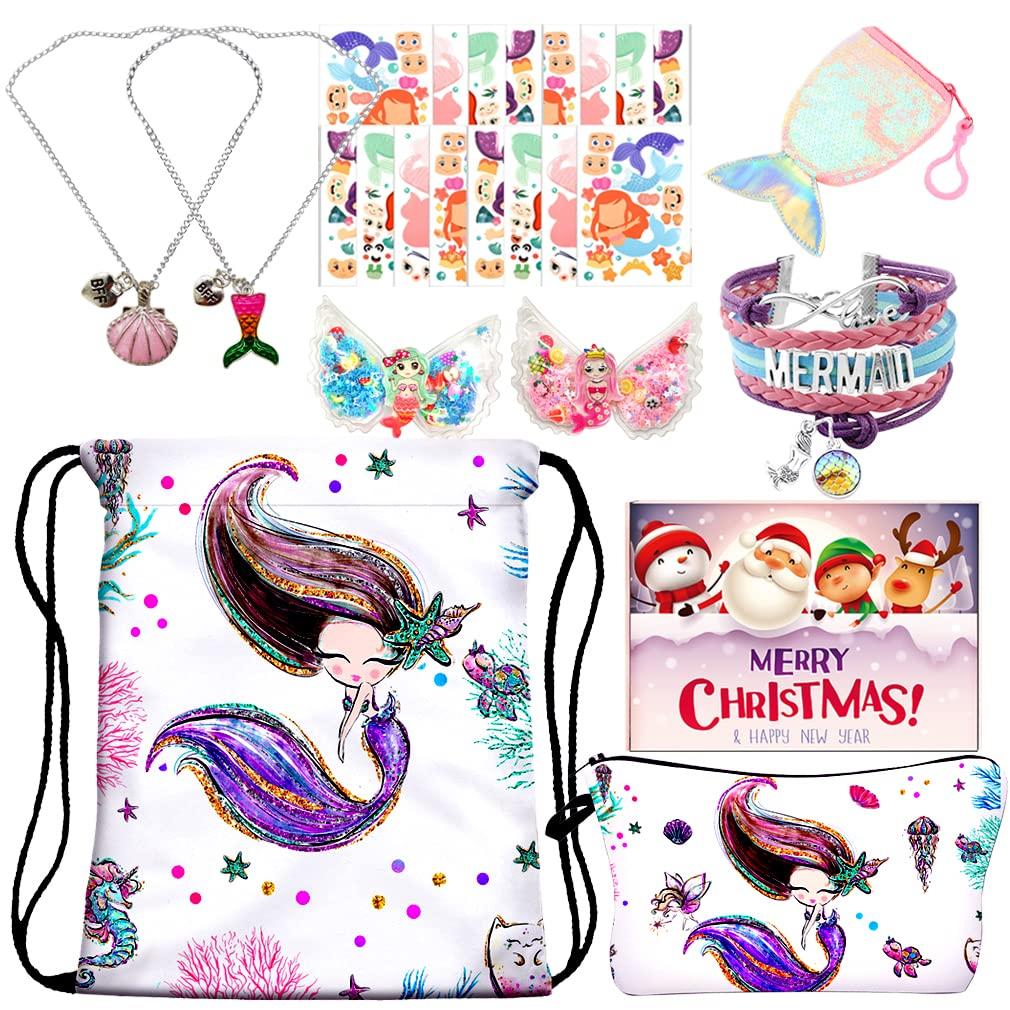 RLGPBON Mermaid Gifts for Girls Drawstring Backpack,Makeup Bag,Mermaid Jewerly Necklace Bracelet，Hair Ties (color 1)