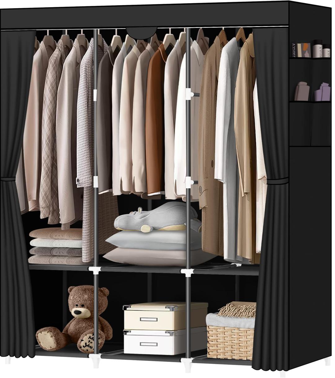 LOKEME Portable Closet, Portable Closets for Hanging Clothes with 3 Hanging Rods and 6 Storage Shelves and 4 Side Pockets, Black Wardrobe Closet Easy to Assemble and Strong and Stable