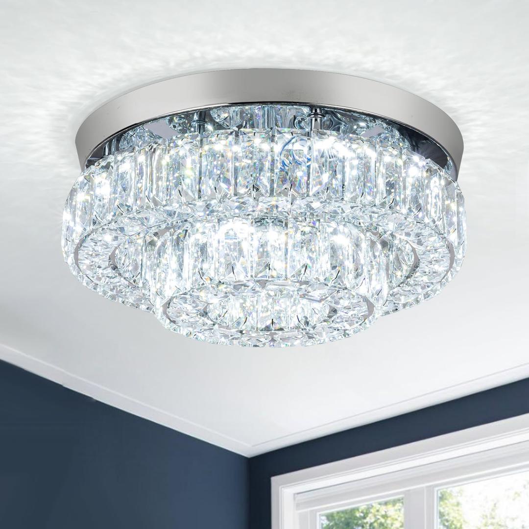 12" Crystal Chandelier LED Ceiling Light 2 Layer Flush Mount Ceiling Light Modern Chandelier Lighting for Hallway Bedroom Dining Room Kitchen (Cool White)