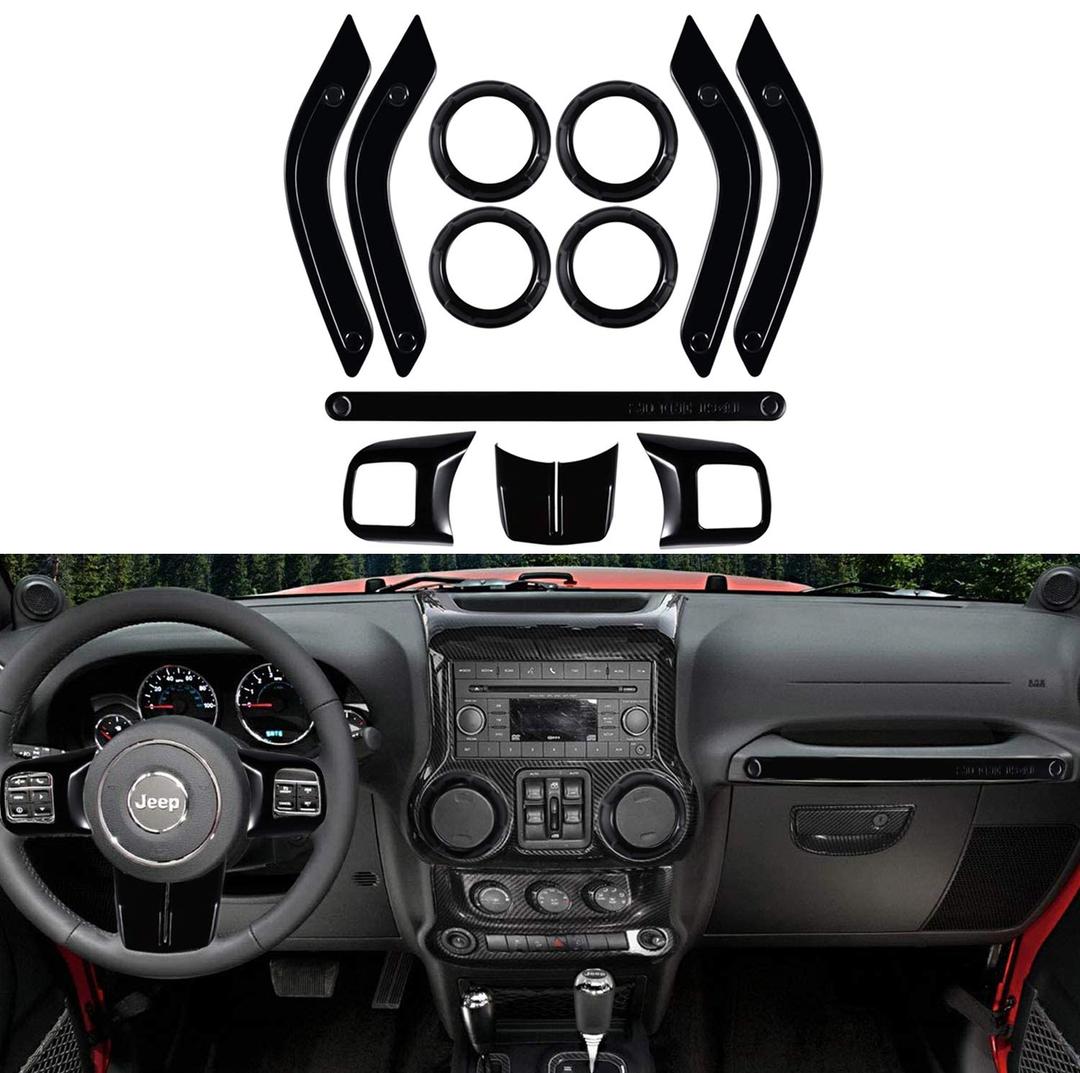 Full Set Interior Decoration Trim Kit Steering Wheel & Center Console Air Outlet Trim, Door Handle Cover Inner, Passenger Seat Handle Trim for 2011-18 Jeep Wrangler JK JKU