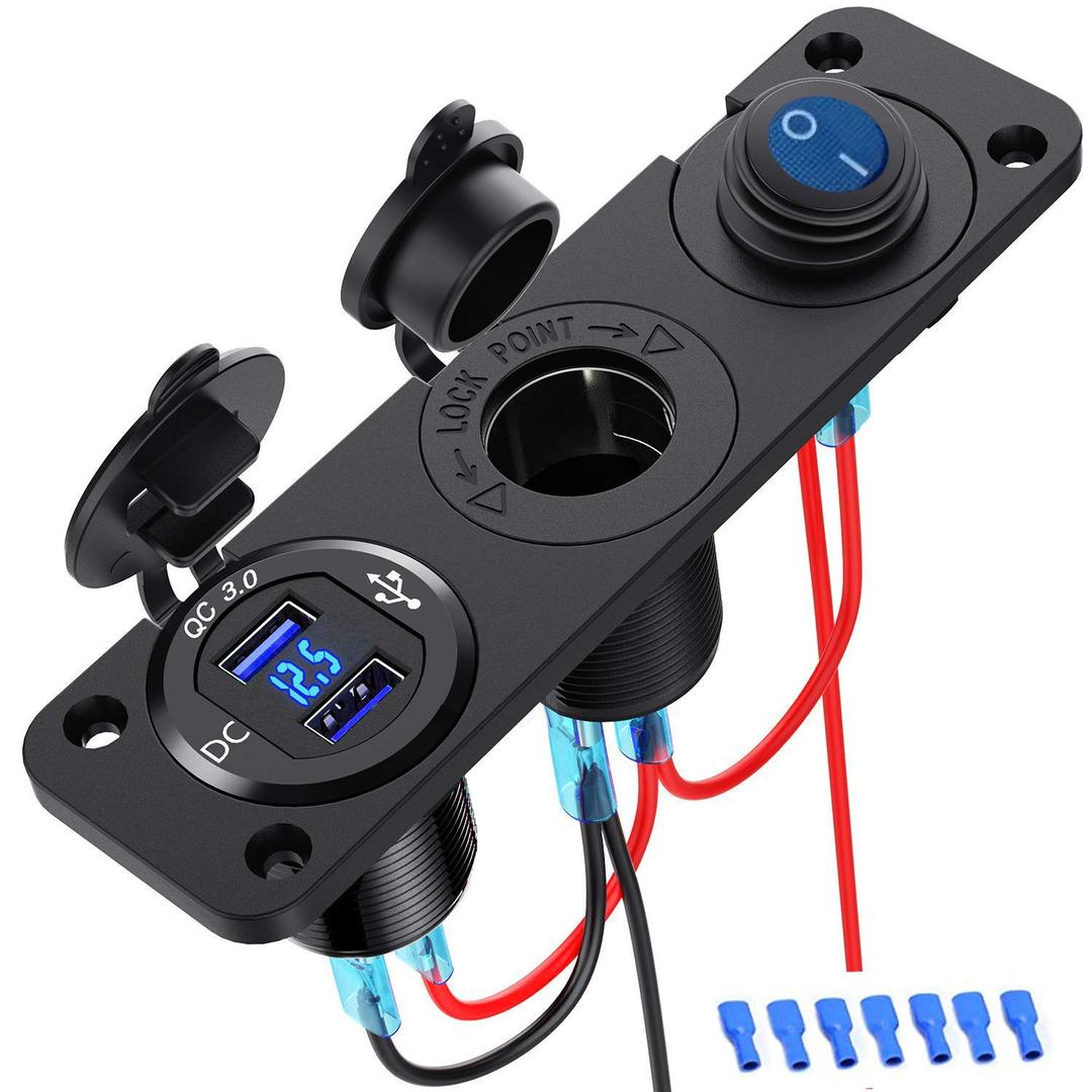 Car Charger Socket 12V/24V 36W Aluminum QC3.0 Fast Charger Socket Power Outlet with LED Voltmeter for Marine, Boat, Motorcycle, Truck, Golf Cart (QC3.0 Panel)