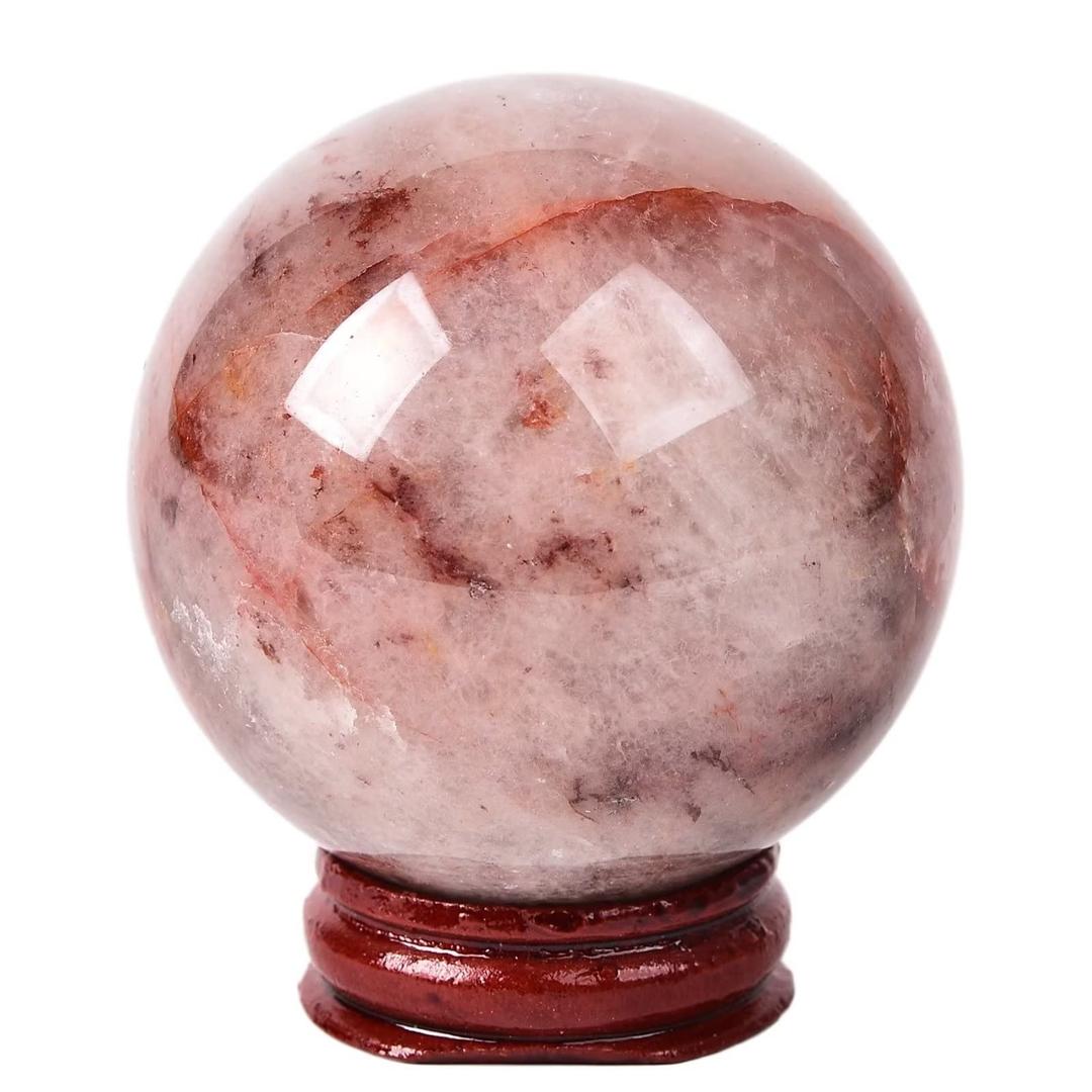 AMOYSTONE Natural Hematoid Quartz Ball Red Quartz Crystal Sphere Gemstone Ball with Wooden Base