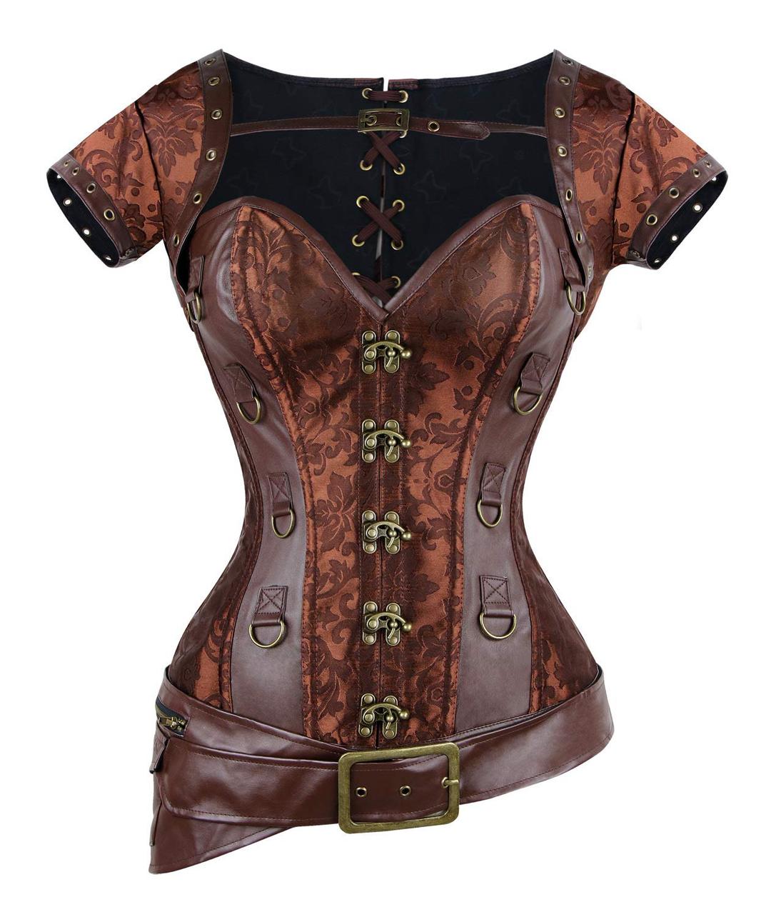 Charmian Women's Retro Goth Brocade Steampunk Overbust Corset with Jacket and Belt