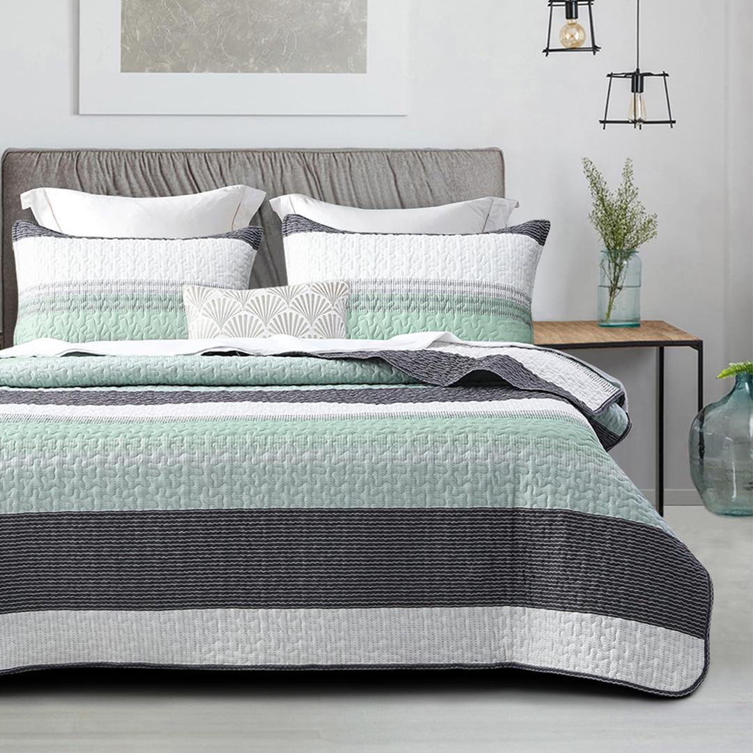 DURLENGEN Striped Quilt Set Queen Size 3Pcs, Bohemian Design with White & Mint Green & Blue & Grey Stripes, All Season Lightweight Coverlet Sets(Queen 90x96,Mint Green)