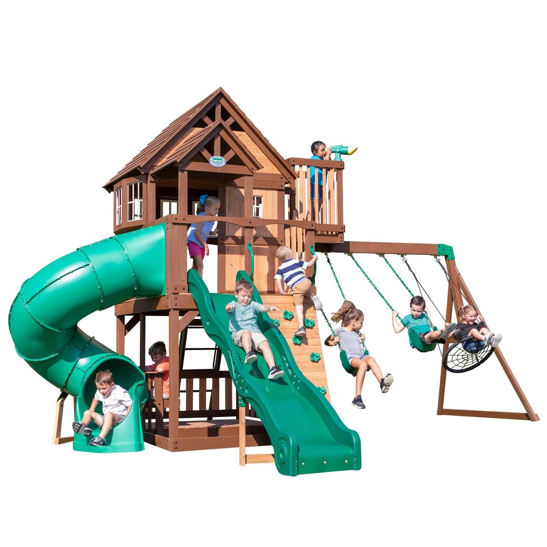 Backyard Discovery Skyfort All Cedar Swing Set, Elevated Covered Wood Roof Clubhouse with Bay Windows, 2 Belt Swings, Web Swing, 10ft Wave Slide, 5 ft Tube Slide, Covered Picnic Table, 5 ft Rock Wall