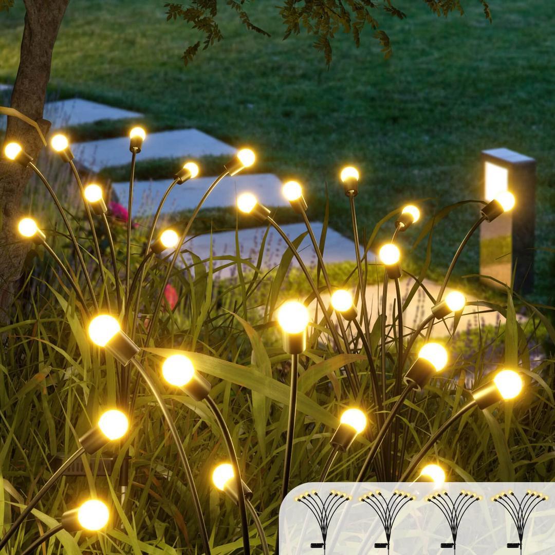 CRILEAL 8LED Solar Powered Firefly Lights,Outdoor Waterproof,Starburst Swaying Solar Lights, Garden Lights for Path Landscape Outdoor Decorative Lights White Warm 4Pack