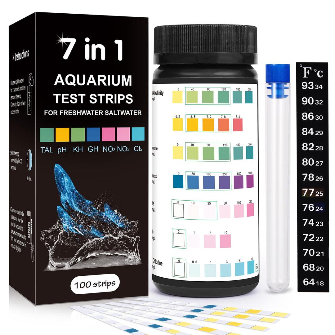 Aquarium Test Strips, 7 IN 1 Aquarium Test Kit, Fish Tank Test Strips for Freshwater Saltwater, 100 Aquarium Water Hardness Test Kit for Nitrite Nitrate Chlorine Hardness Alkalinity Carbonate PH