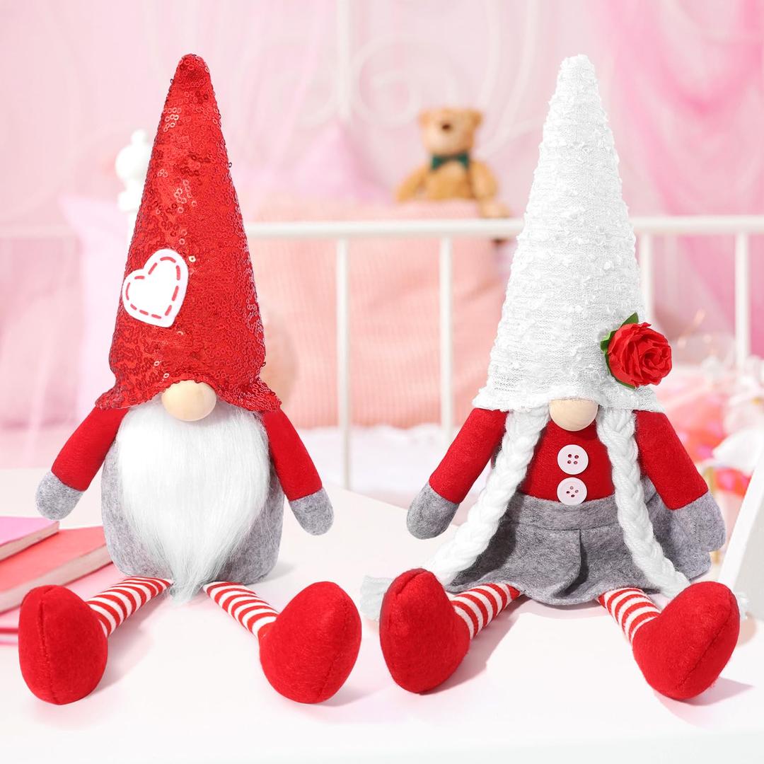 2 Pack Valentines Day Gnomes Plush, Valentines Day Dangle Leg Gnomes Decorations Mr. and Mrs.Tomte Doll Gifts- Elf Standing Dwarf for Shelve