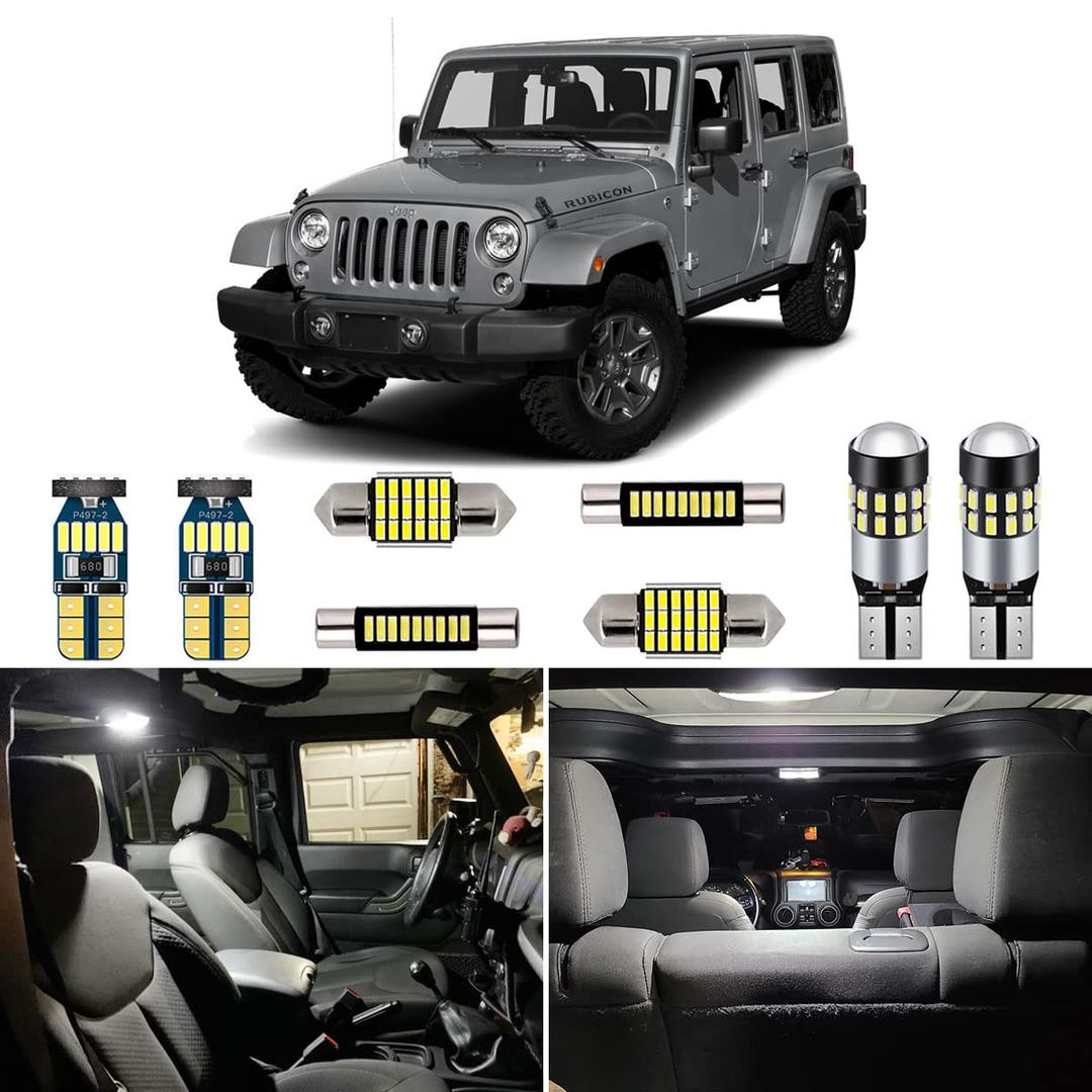 6 Piece CANBUS LED Interior Light Kit for Jeep Wrangler JK 4-Door 2007 2008 2009 2010 2011 2012 2013 2014 2015 2016 2017 2018 Super Bright 6000K White LED Bulbs Package + Install Tool