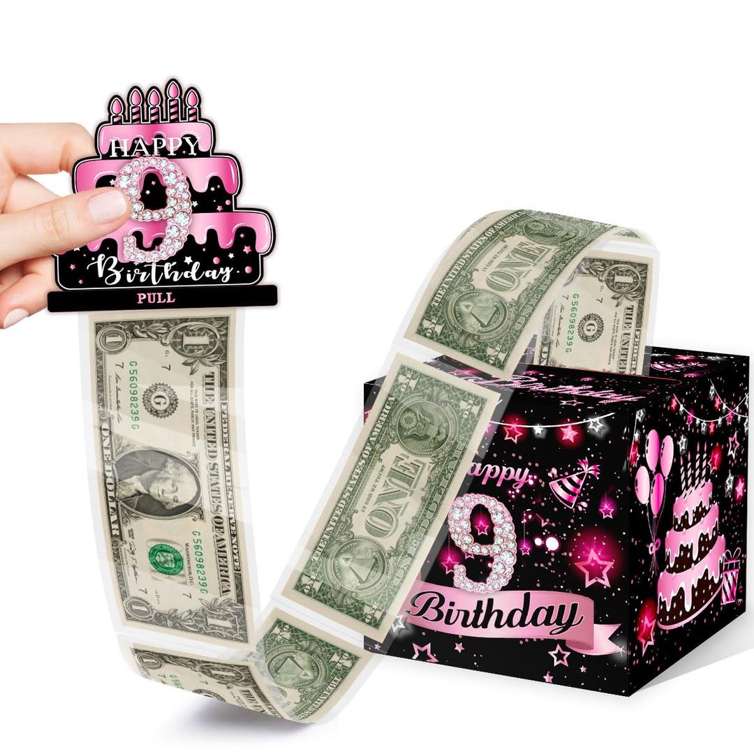 ToeriferBirthday Money Box for Cash Gift, 9th Surprise Box Explosion Gift for Girls Boys Kids, 9th Birthday Money Gift Ideas, 9 Years Old Birthday Pink Party Decor -Included 35 Bags