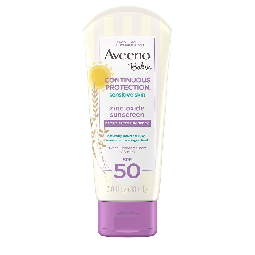 Aveeno BabyContinuous Protection Zinc Oxide Mineral Sunscreen Lotion for Sensitive Skin with Broad Spectrum SPF 50, Tear-Free, Sweat- & Water-Resistant, Travel-Size, 3 fl. Oz