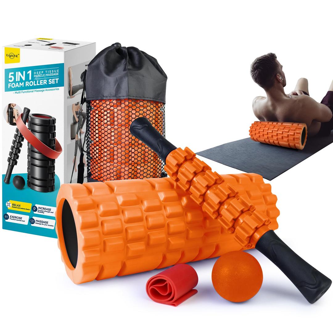 5 in 1 Foam Roller Set for Deep Tissue Muscle Massage, Trigger Point Fitness Exercise Foam Roller, Massage Roller, Massage Ball, Stretching Strap, for Whole Body (Orange Black)