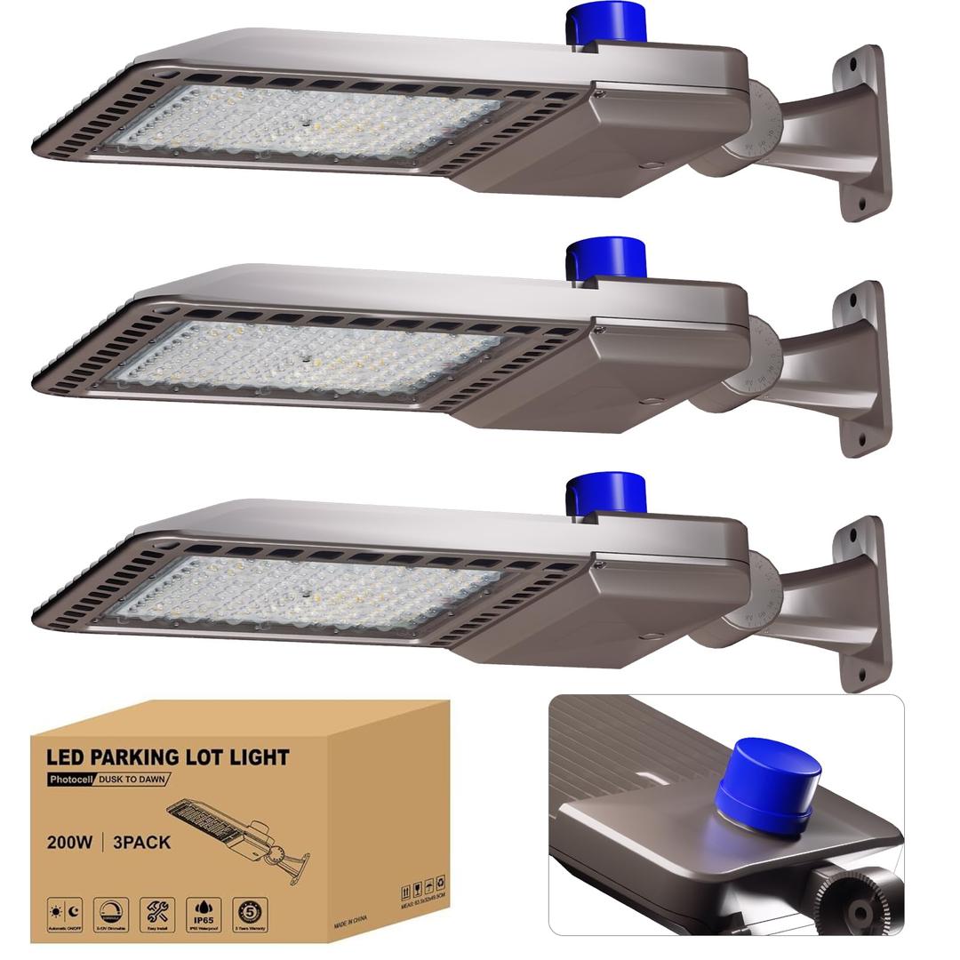 LED Parking Lot Light 200W 3 Pack, LED Shoebox Light with Arm Mount, 28000LM 5000K Daylight, IP65 Waterproof Dusk to Dawn Parking Lot Light, LED Area Light for Parking Lot Roadway