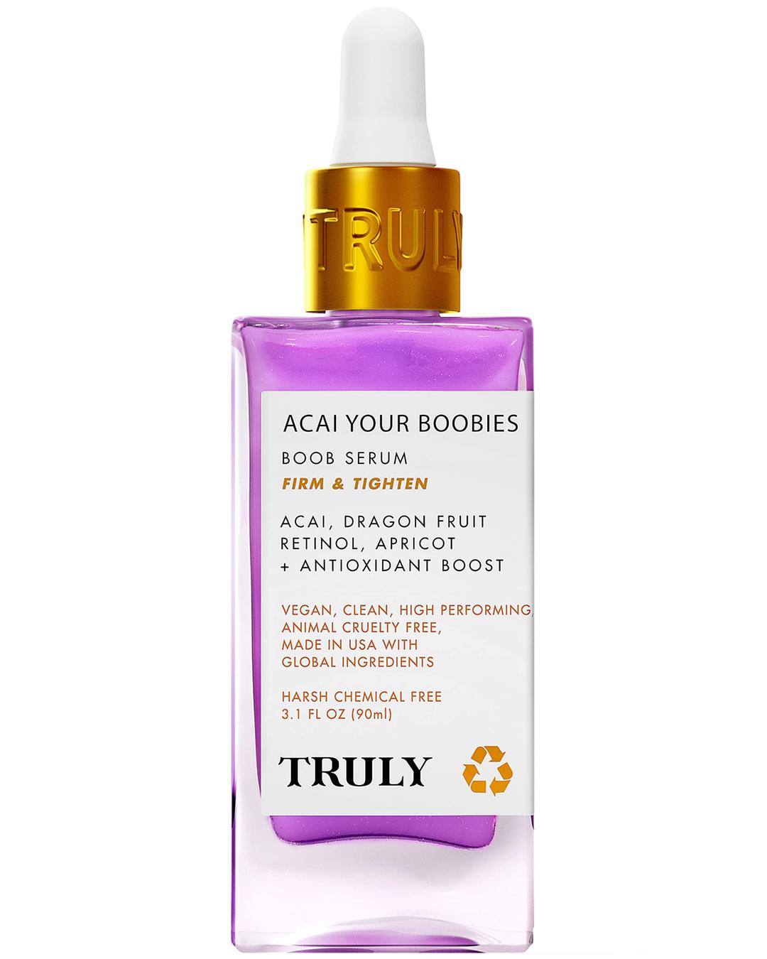 Truly Beauty Acai Your Boobies Serum - Serum that helps enhance Breast - Skin Elasticity with Bust Firming Natural Essential Oil - For A Perky and Firmer Bust! Organic, Gmo Free - 3.1 OZ