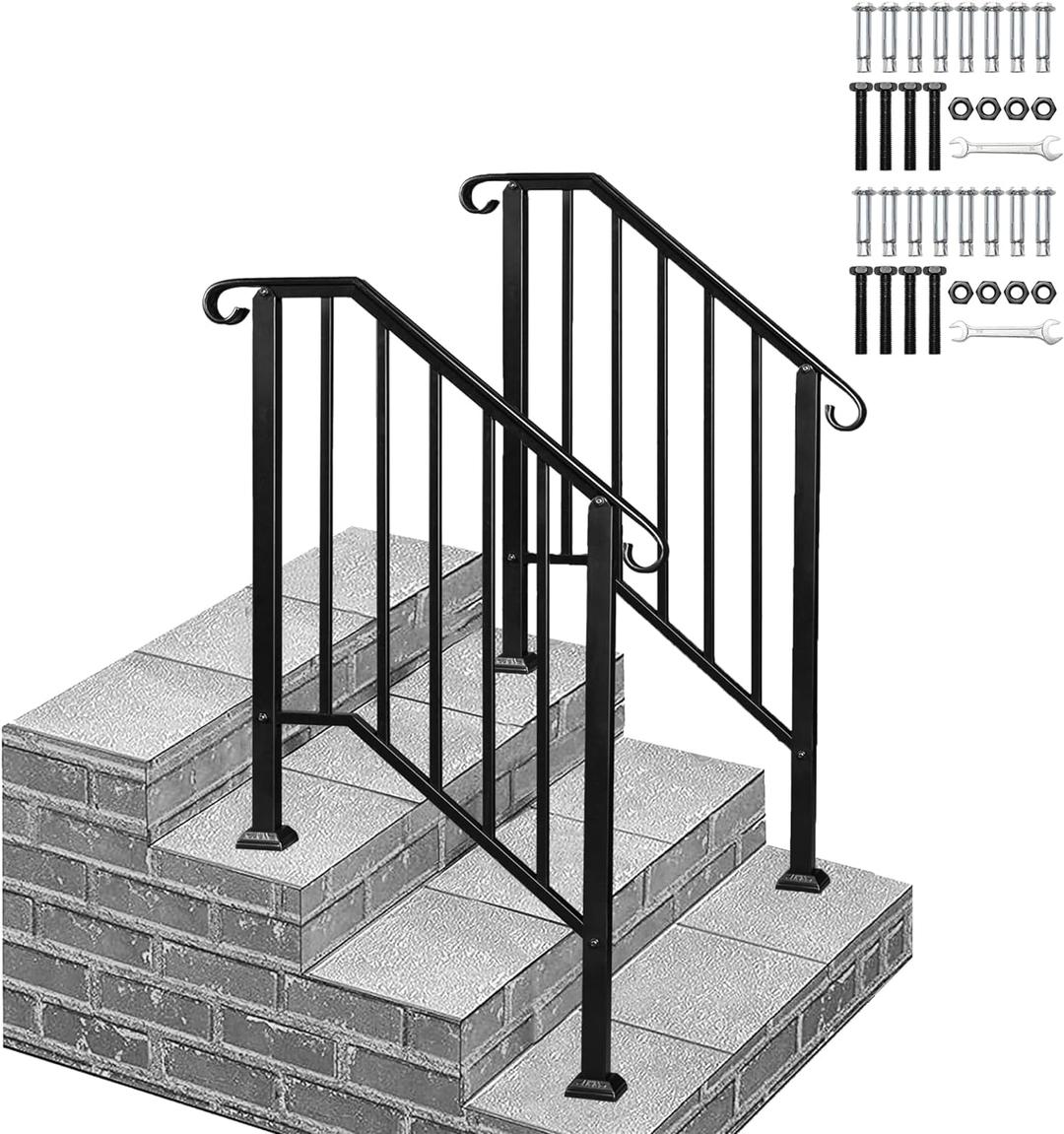 2 Pack 3 Step Handrails for Outdoor Steps, Wrought Iron Stair Railing Fits 2 or 3 Steps, Metal Hand Rail with Installation Kit, Staircase Handrails for Concrete, Porch, Deck, Exterior Steps, Black