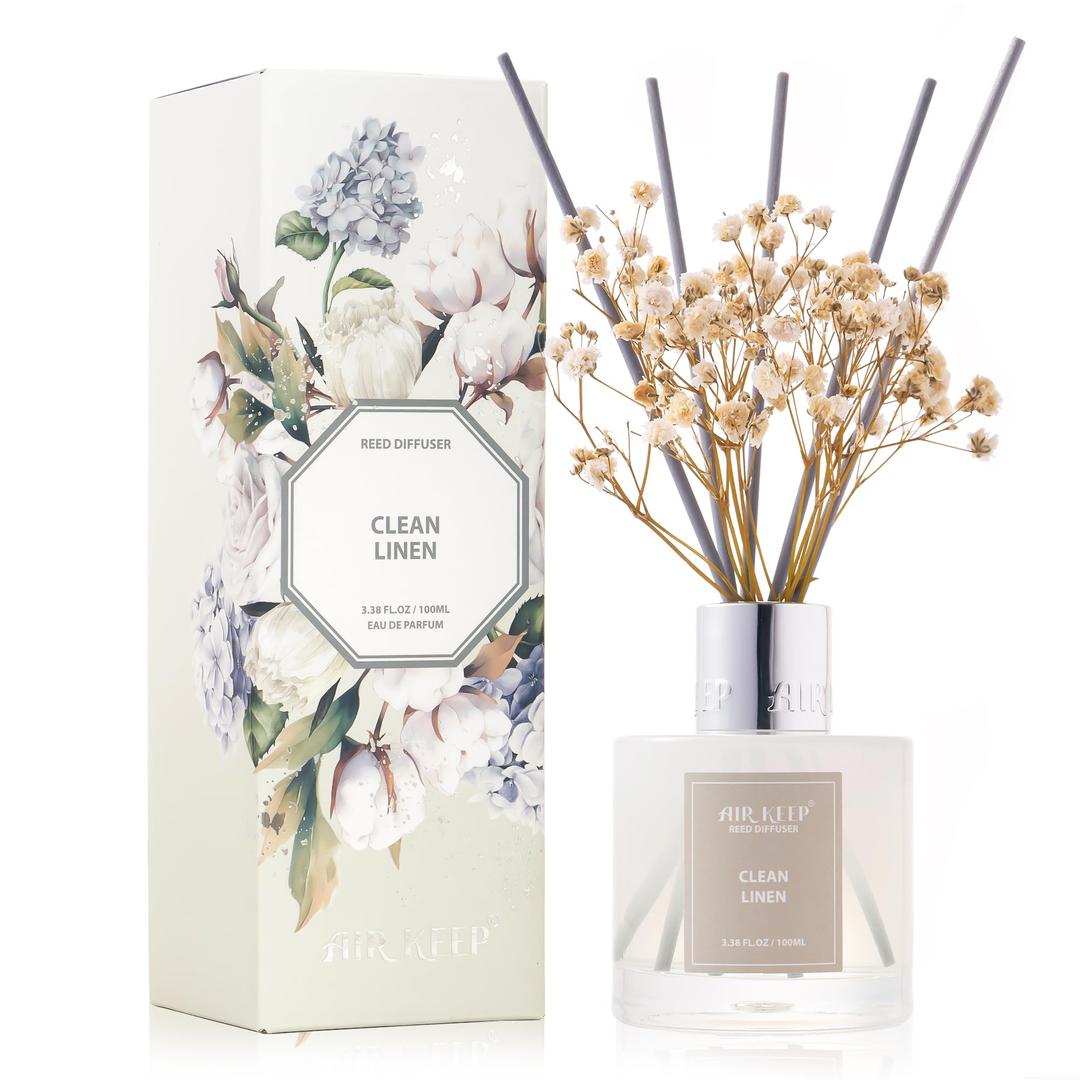 Reed Diffuser Set,3.38 fl oz (100 ml) - Clean Linen Oil Diffusers with 8 Reed Sticks,Home Fragrance Reed Diffuser for Bathroom Shelf Decor