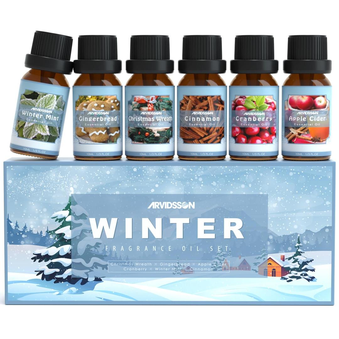 Winter Essential Oils Set, Holiday Fragrance Oil Gift Set for Diffuser, Candle Making - Christmas Wreath, Apple Cider, Gingerbread, Cinnamon, Cranberry, Winter Mint