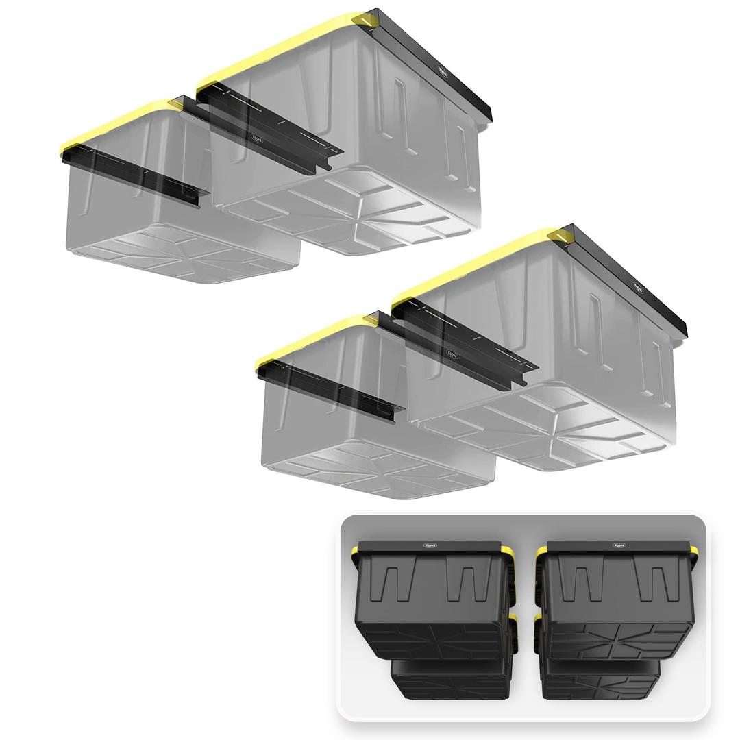 Koova Overhead Bin Rack for Four Bins | Overhead Garage Storage Rack to Mount on Ceiling with Adjustable Width | Supports Most Black and Yellow Storage Bins |4 Sets