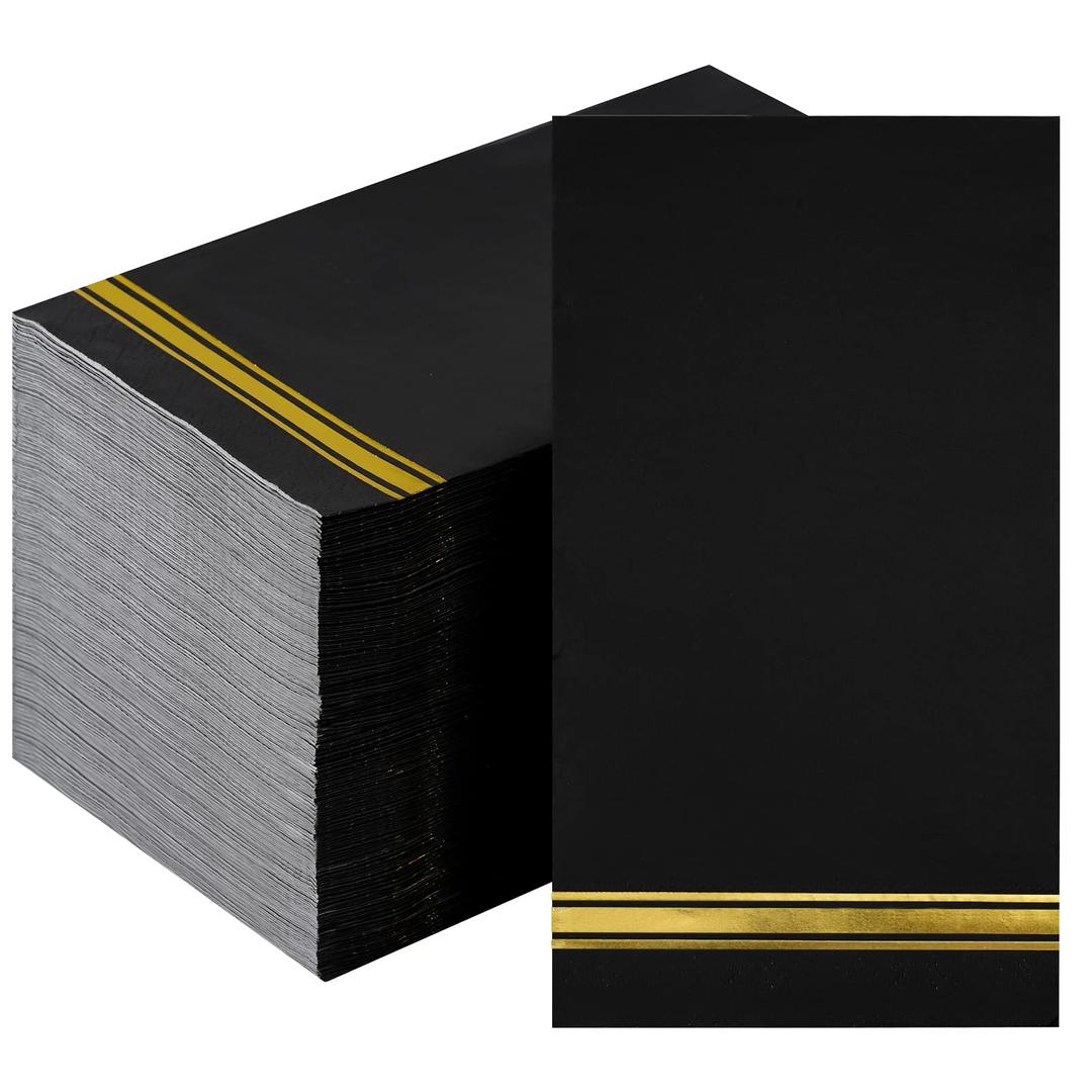 100 Gold Trim Lined Paper Napkins Black Elegant Dinner Napkins, 3 Ply Gold Foil Guest Napkins Disposable Hand Towels for Bathroom Wedding Anniversary Birthday Holiday Graduation Party