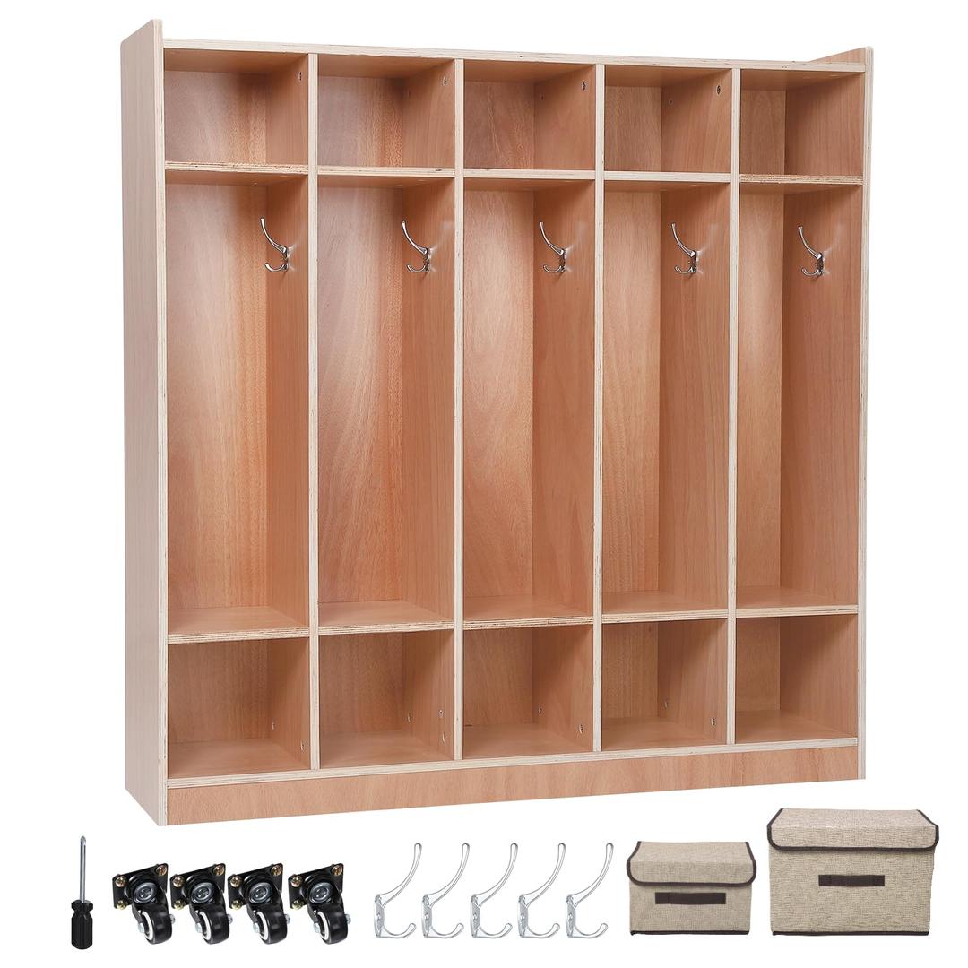 Garvee 5-Section Classroom Coat Locker, 10 Cubbies for Classrooms, Daycare Cubby with 4 casters, 5 Hooks and 2 Storage Boxes, for Home, School, Kindergarten