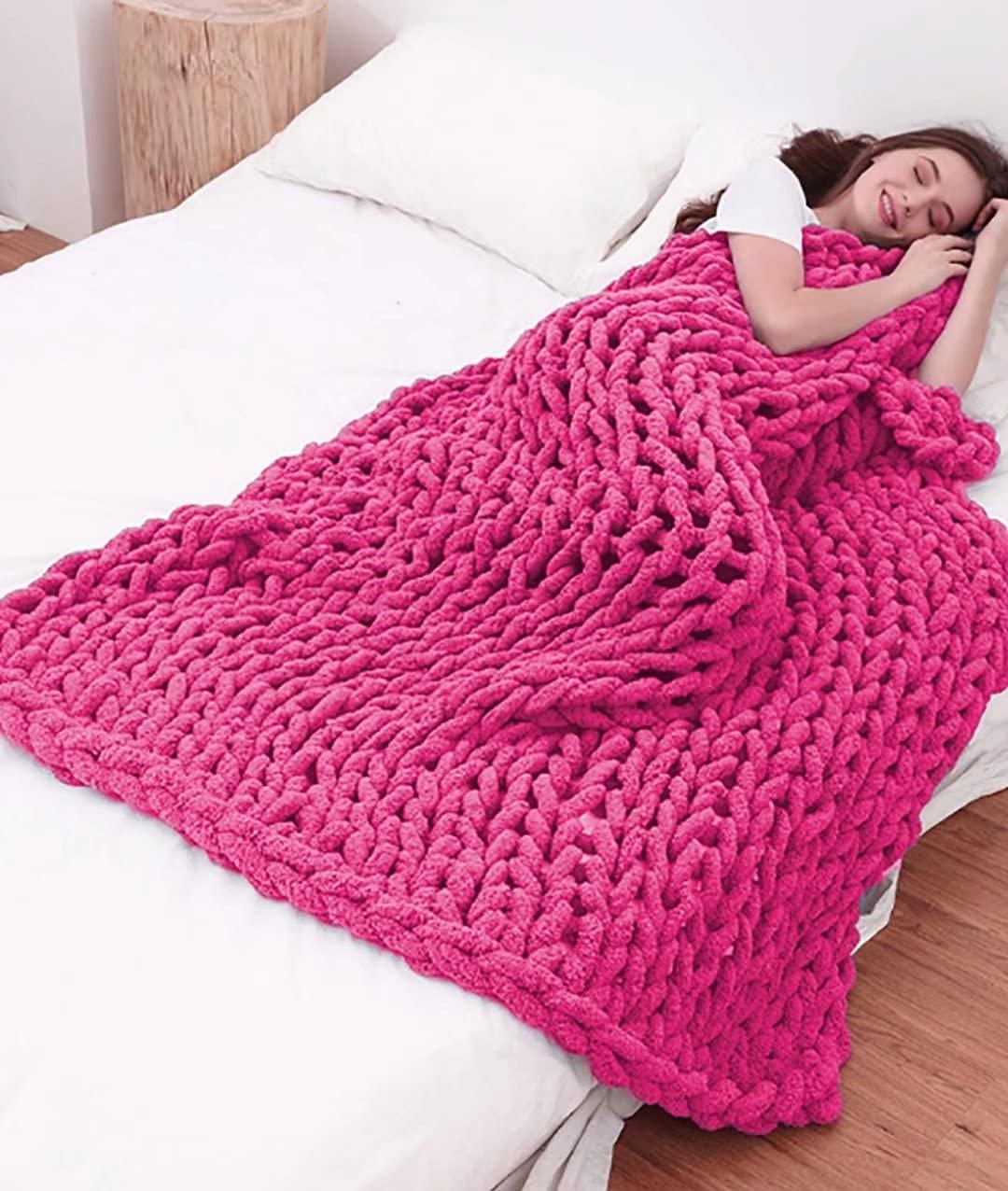 BGHN Chenille Chunky Knit Blanket Handmade Warm Throw Cozy Crochet Blanket Warm Blanket for Kid Pet Fuchsia-20 x20