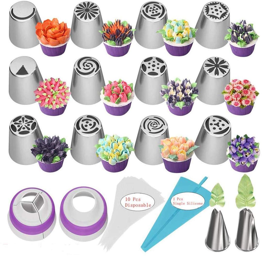 HDCRAFTER Cake Decorating Tips, 27 Pcs Set Nozzles Stainless Steel Icing Piping Nozzles for Cake Decorating Pastry Fondant Tools Stainless Steel Icing Frosting Tips DIY Baking Tools