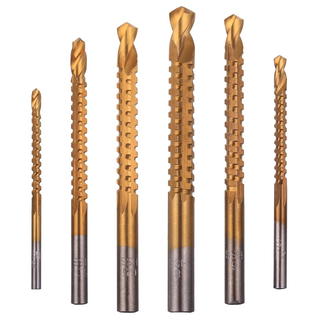 Rocaris 6 Pack Titanium Coated HSS Twist Drill Bits, 3-8mm Serrated Side Cutting Drill Bit Woodworking Tools for Plastic Metal Wood Hole