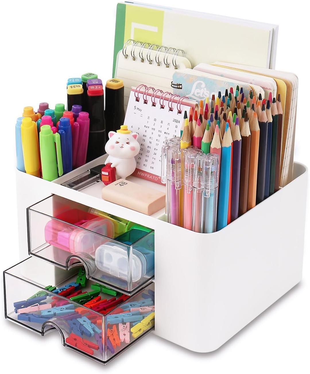 KAHEIGN Desk Organiser with 2 Drawers, 19CM x 14CM Multi-Functional Desk Tidy Organiser Large Capacity Pen Holder Makeup Organizer for Kids Teacher Gift Office School Home Table Decor (White)