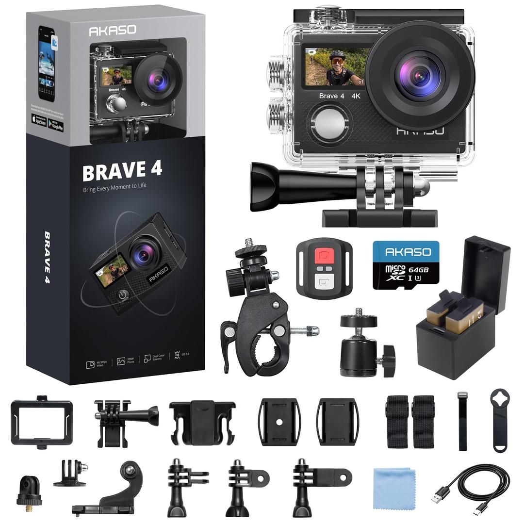 AKASOBrave 4 Action Camera 4K 30fps with 64GB MicroSD U3 Card Bicycle Helmet Accessories Kit Bundle, 20MP Ultra HD 131FT Waterproof Underwater Camera EIS WiFi Remote Control 5X Zoom Sport Cameras