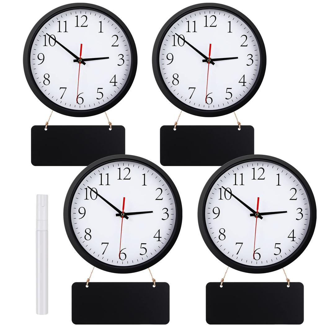 4 Pcs Silent Wall Clocks 10 Inch Quartz Wall Clock Decorative Wall Clock Battery Operated Round Clock with 4 Pcs Black Hanging Chalkboard and White Marker Pen for Home Room Kitchen School Office