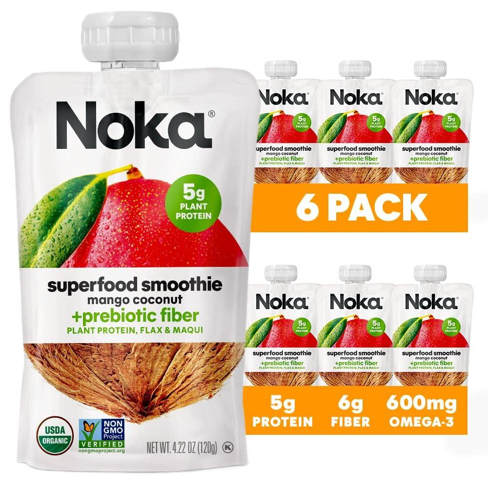 Noka Superfood Fruit Smoothie Pouches, Mango Coconut, Healthy Snacks with Flax Seed, Prebiotic Fiber and Plant Protein, Vegan and Gluten Free, Organic Squeeze Pouch, 4.22 oz, 6 Count