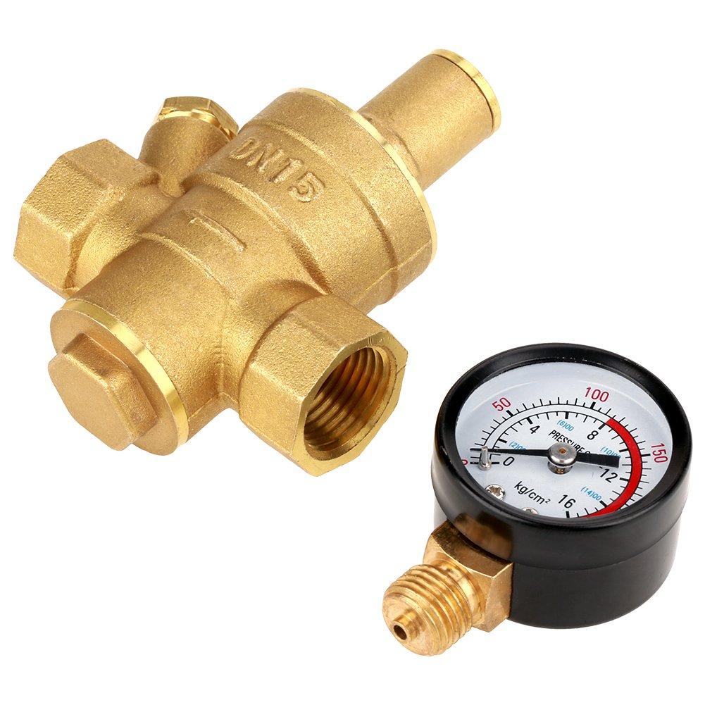 DN15 Brass Adjustable Water Pressure Regulator, Brass Inline Water Pressure Reducer Valve, Brass Water Pressure Regulator Valve Reducer with Gauge Meter