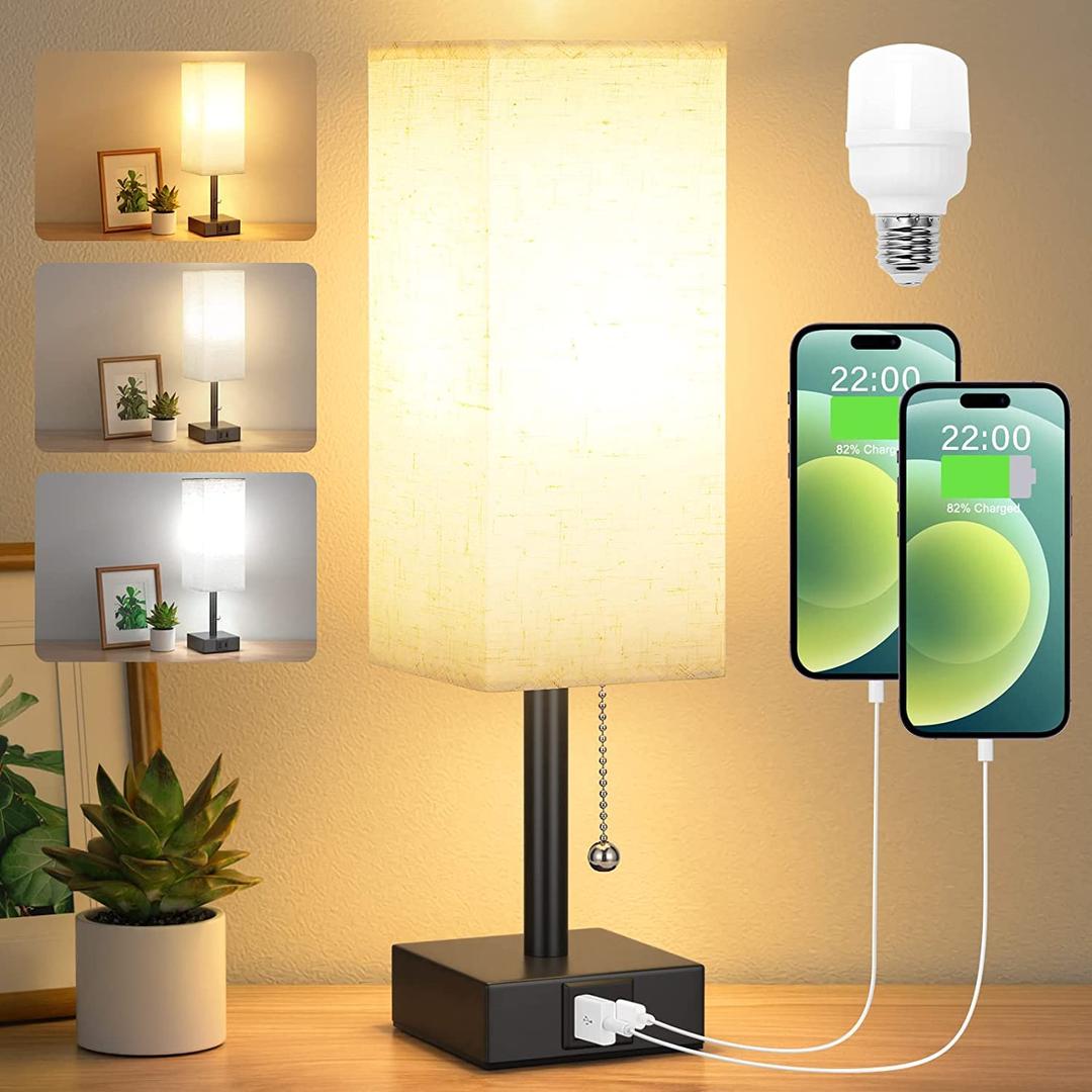 AooshineBedside Lamps, Table Lamp with USB C+A Charging Ports, Small Lamp with 3-Color Modes with Pull Chain, Bedroom Lamp with Beige White Fabric Shade(LED Bulb Included)