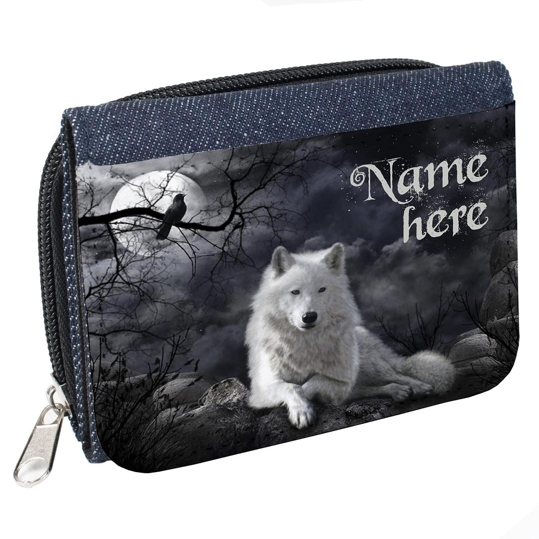 KRAFTYGIFTS Ladies Purse Personalised White Wolf Fantasy Womens Denim Coin Wallet Gift ST732