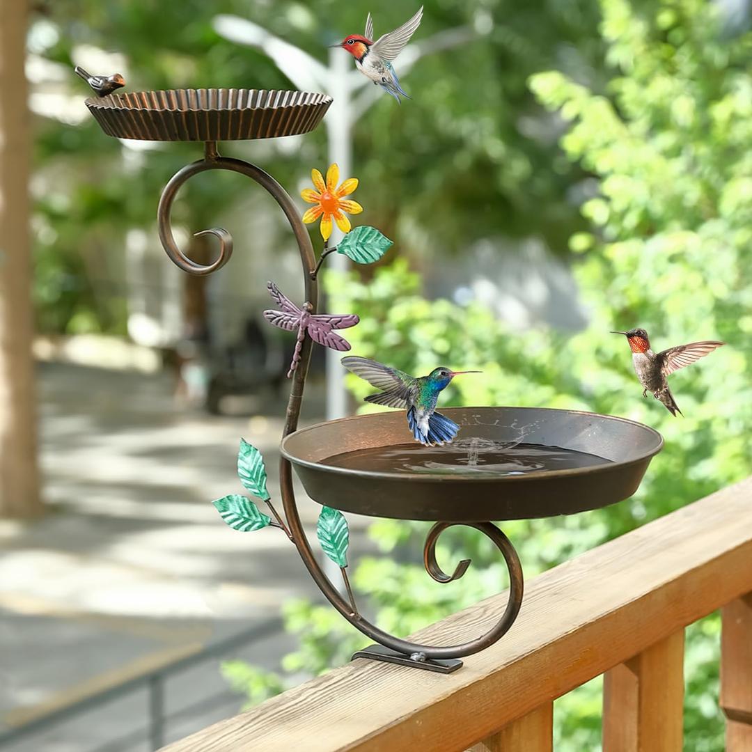 Deck Bird Bath and Feeder, Detachable Metal Bird Bath for Deck Railing, Antique Decorative Bird Bath Bowl with Adjustable Heavy Duty Clamp for Outdoor Balcony Patio Porch Garden Rail Mount