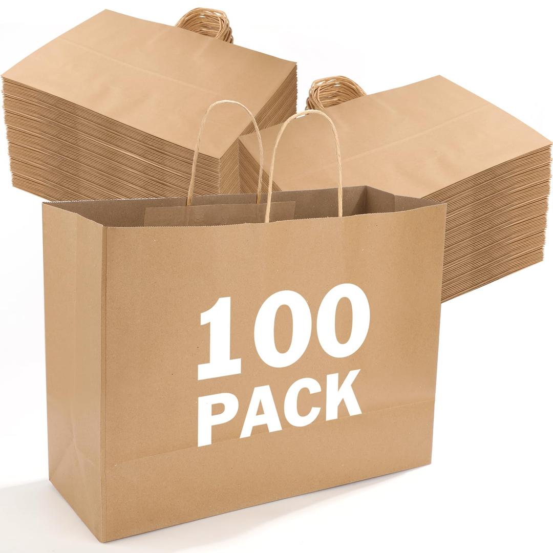 XPCARE 100Pack Kraft Paper Bags with Handles Bulk, 16x6x12 Inch Brown Paper Bags, Kraft Shopping Bags for Small Business Merchandise,Wedding Party Favor Bags