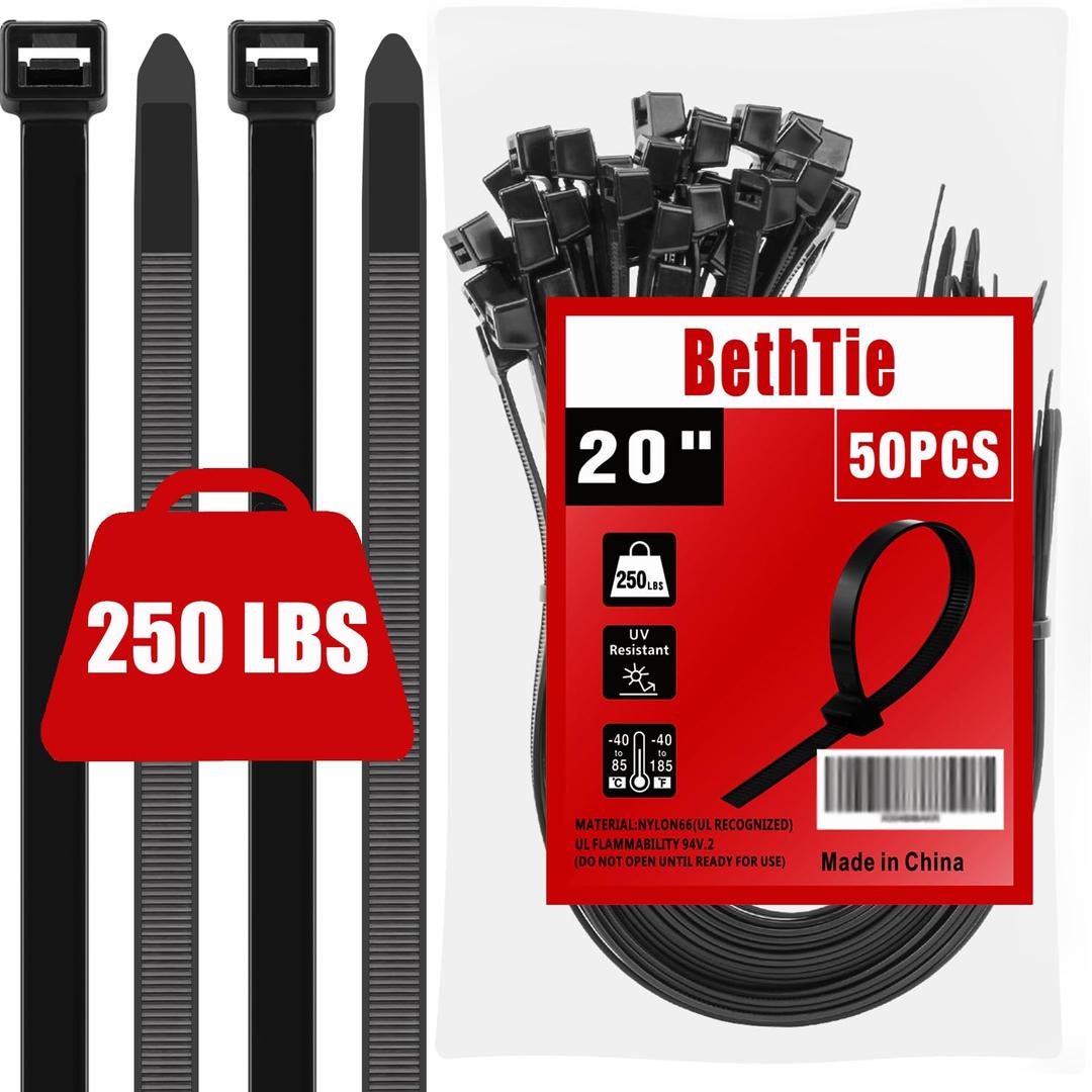 20 Inch Black Long Zip Ties Heavy Duty 50 Pack, 250 LBS Ultra Strong Plastic Wire Ties, Large Cable Ties Extra Long Tie Wraps For Indoor and Outdoor Use