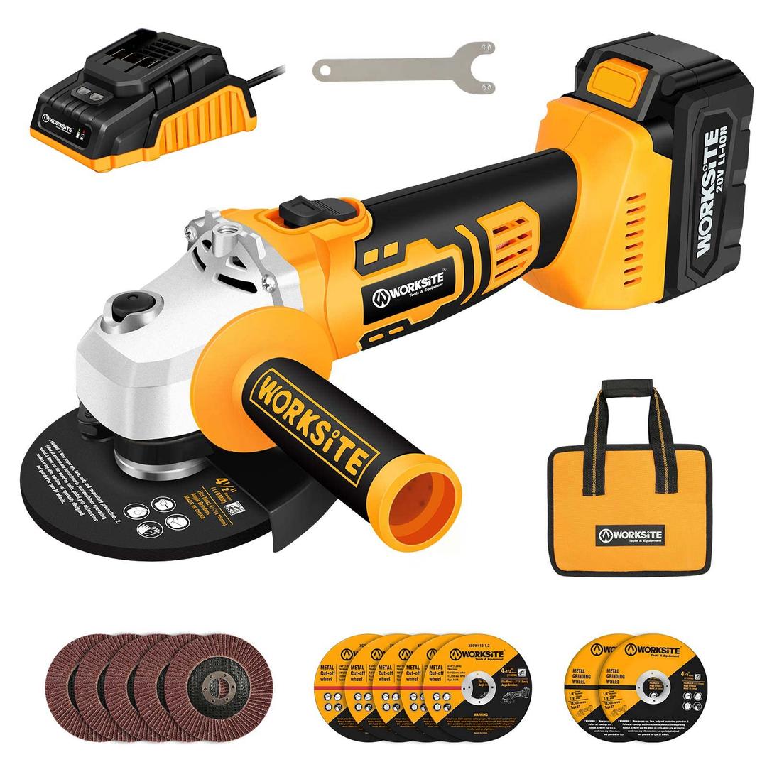 WORKSITE Cordless Angle Grinder, 4-Pole Motor, 4-1/2 Inch Cordless Grinder w/4.0A Battery & Fast Charger, 3-Position Adjustable Auxiliary Handle, Cutting Wheels, Grinding Wheels and Flap Discs