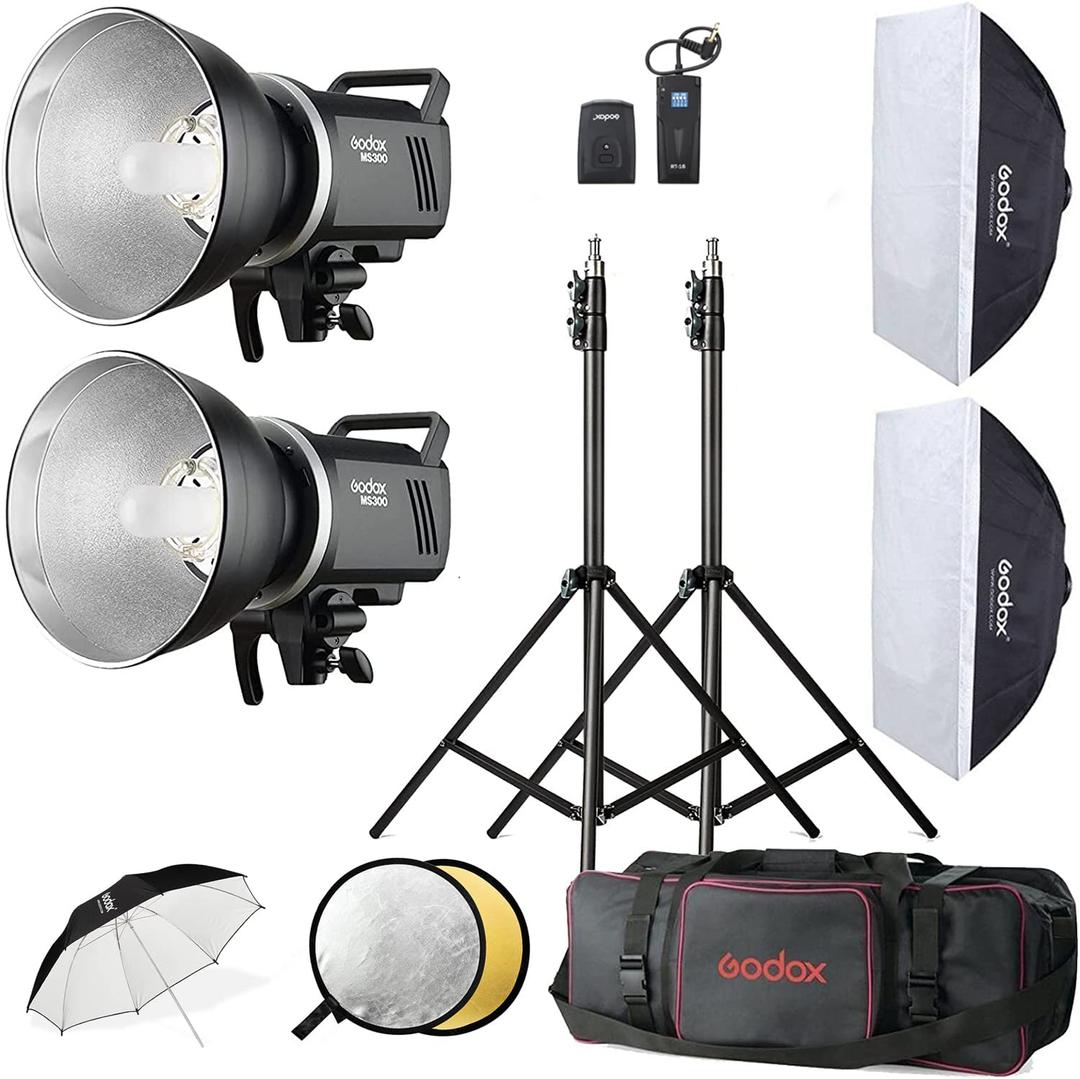 GODOXStudio Strobe Light Kit for Photography, 600W Studio Strobe Flash Set with Bowens Mount, 2.4G X System MS300 Monolights, Flash Trigger, Softbox, Tripod Stands, Reflector Storage Bag, Umbrella